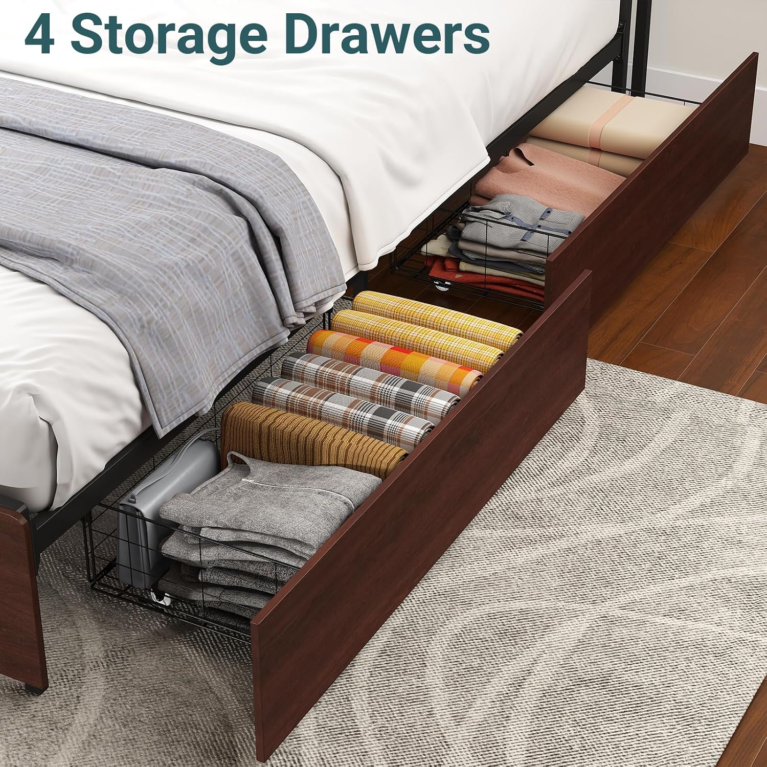 Zevemomo Queen Bed Frame with 4 Storage Drawers, Queen Size Platform Bed Frame with Headboard, Built-in Charging Station & LED Lights, No Box Spring Needed