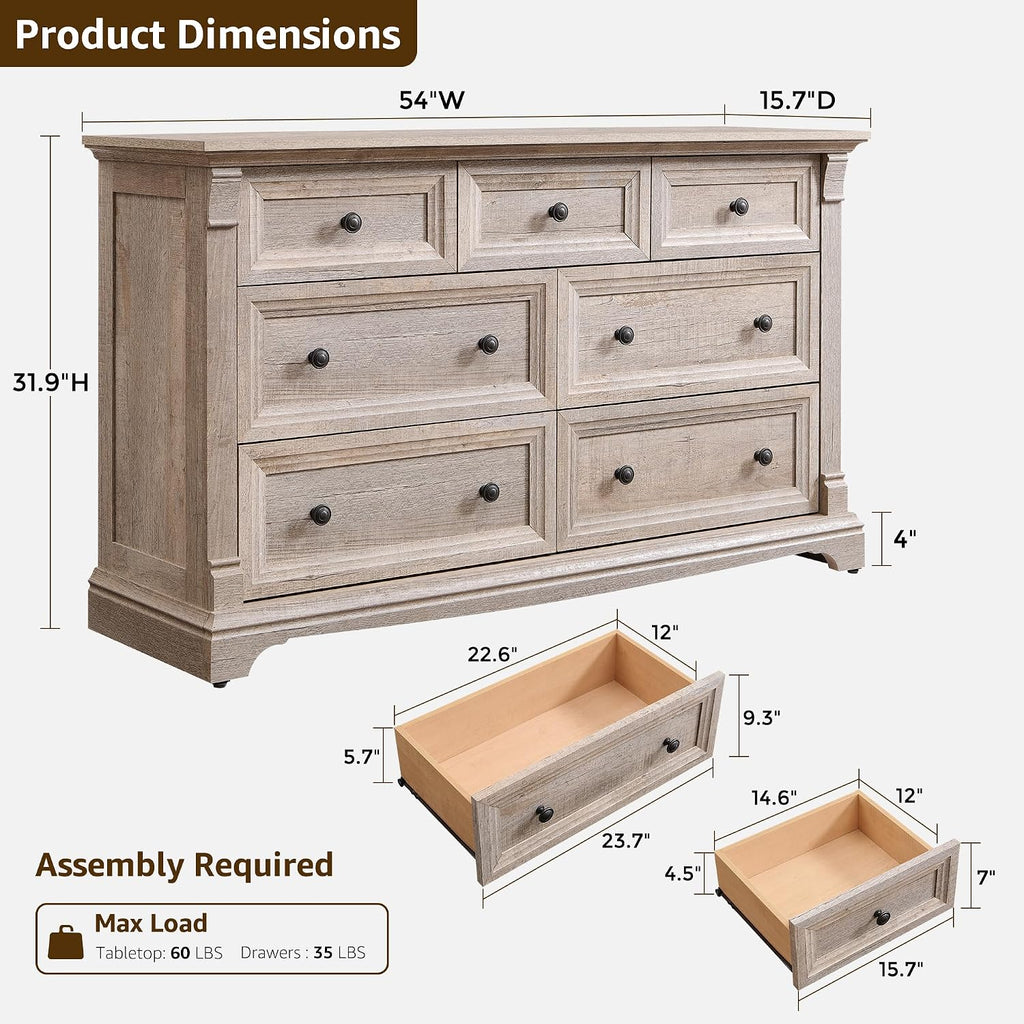 T4TREAM Farmhouse 7 Drawers Dresser for Bedroom, 54' Wide Wood Rustic Chest of Drawers w/Roman Column, Wooden Storage Dressers Organizer for Bedroom, Living Room, Light Rustic Oak