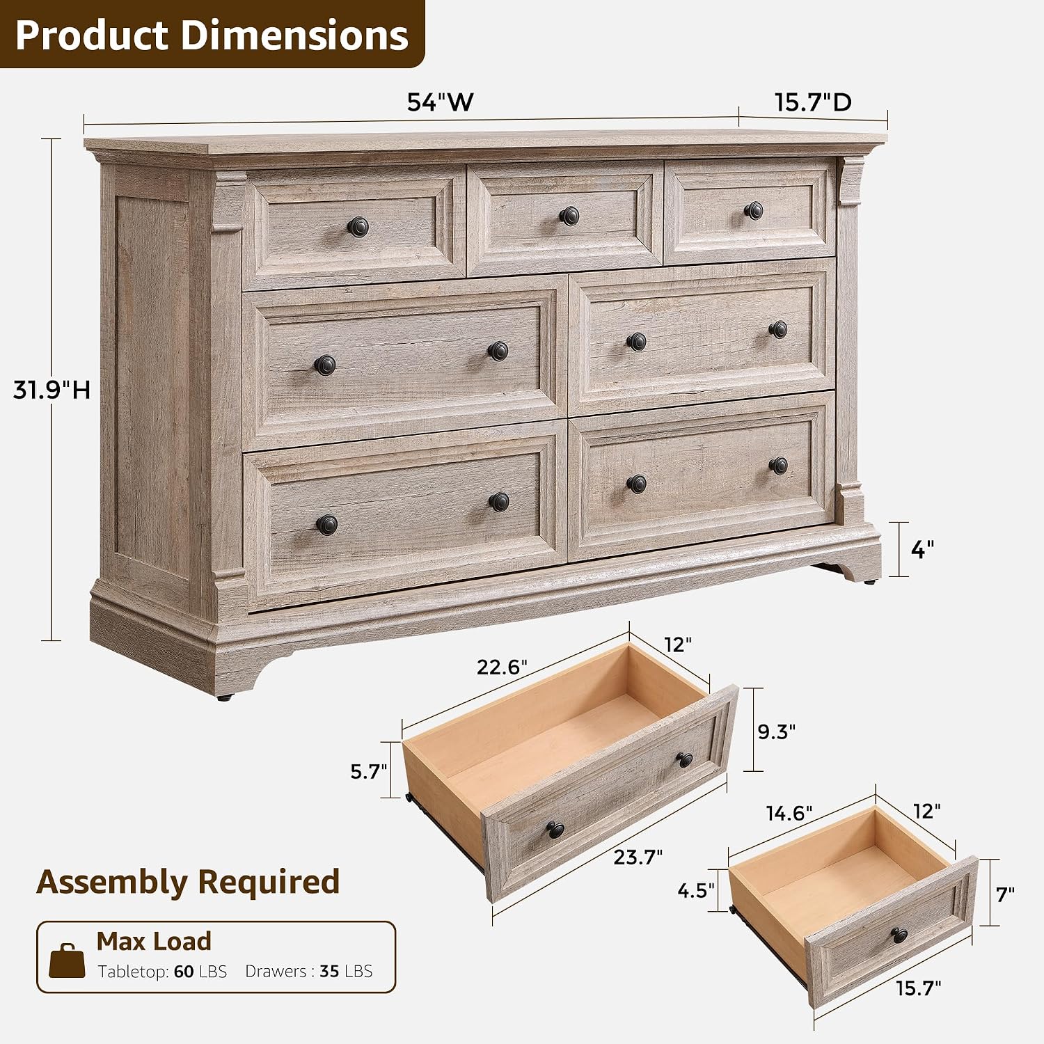 T4TREAM Farmhouse 7 Drawers Dresser for Bedroom, 54' Wide Wood Rustic Chest of Drawers w/Roman Column, Wooden Storage Dressers Organizer for Bedroom, Living Room, Light Rustic Oak
