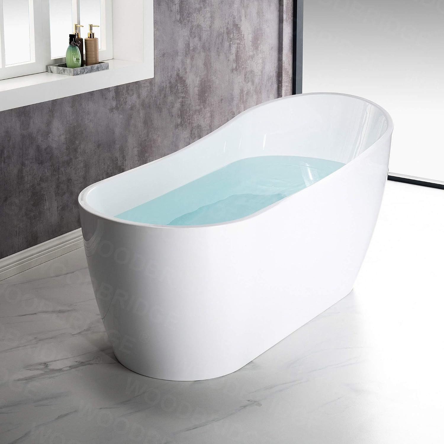 WOODBRIDGE 67'Freestanding White Acylic Soaking Bathtub with White Pillow,Drain and Overflow in Brushed Gold,BTA1508 -BG-Drain &O+ Pillow