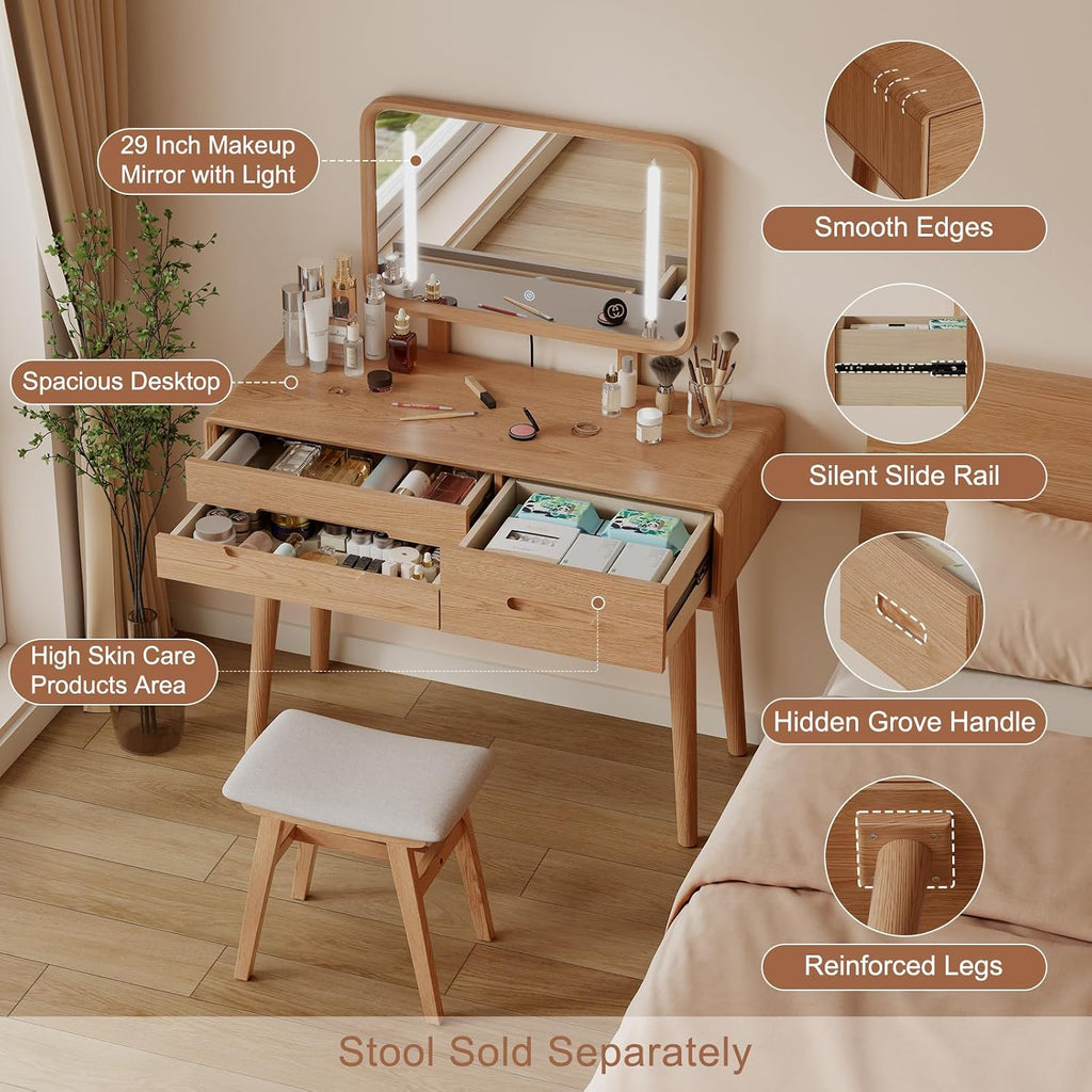 Solid Wood Vanity with Mirror and Lights, Adjustable Brightness, Wood Makeup Vanity with 3 Drawers, Semi-Assembled, Vanity Desk for Bedroom (Natural)