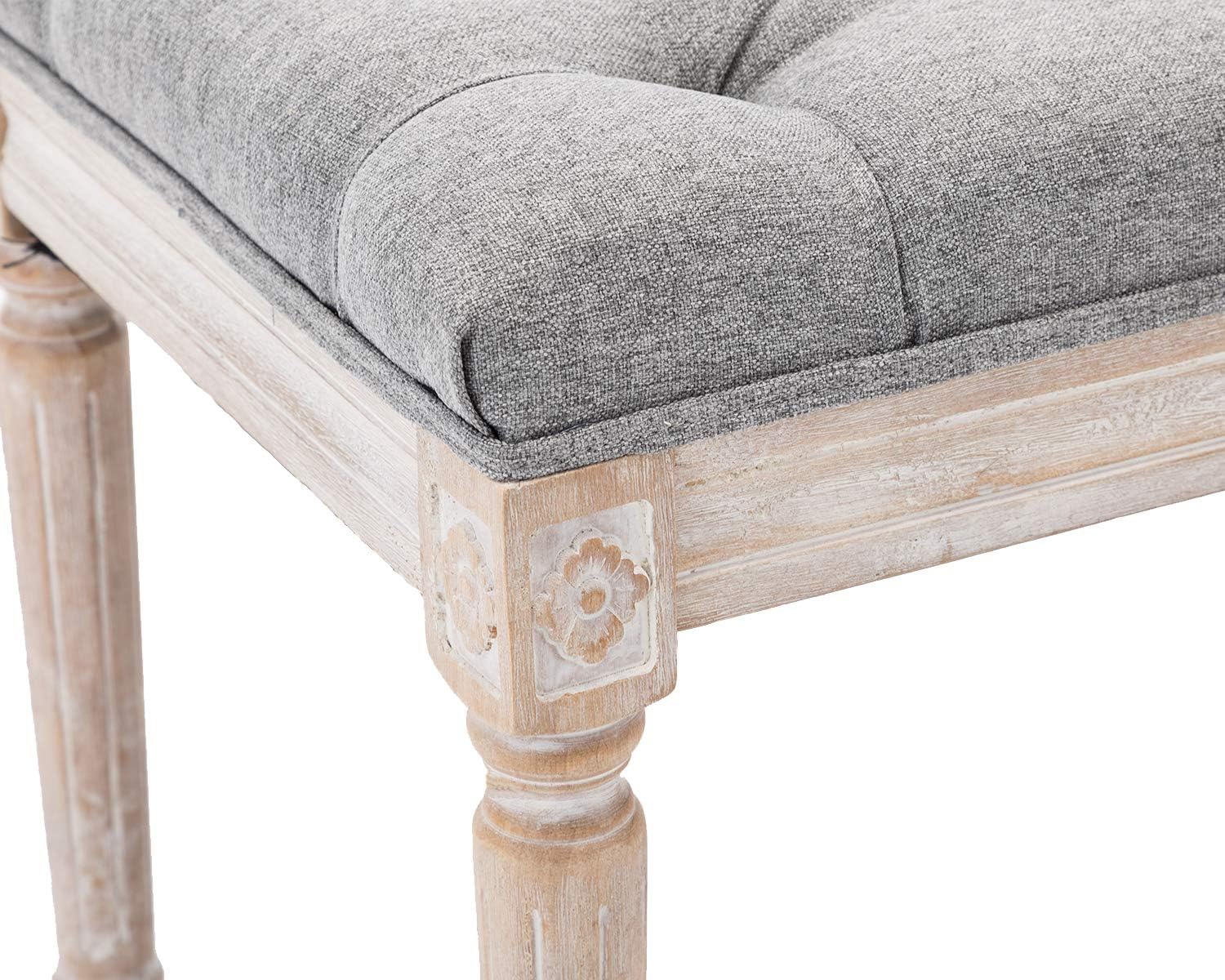 Kmax 45' Upholstered Dining Room Bench, Rustic Living Room Ottoman Bench with Carved Pattern & Rustic White Brushed Rubber Wood Legs, Gray