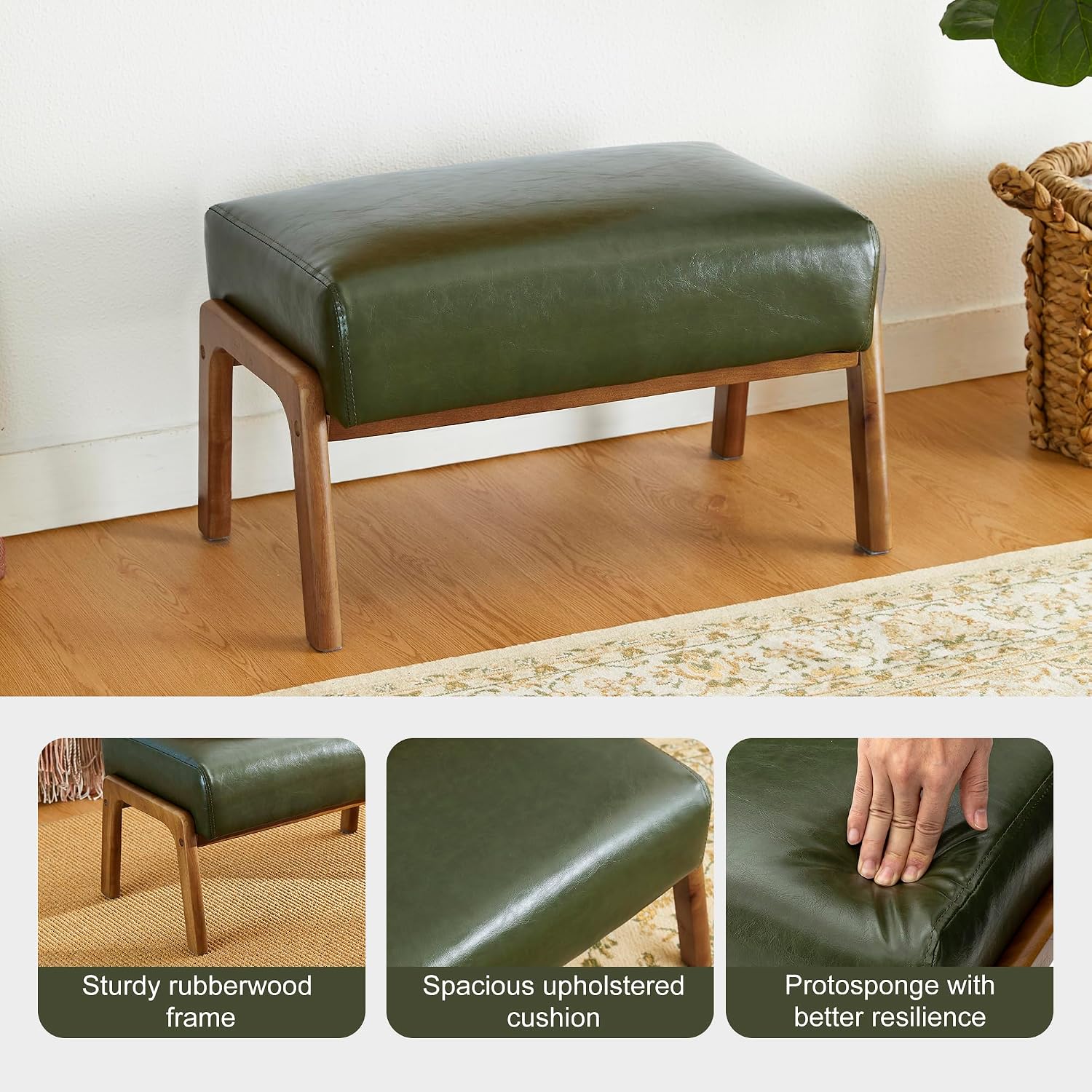 Glitzhome Foot Stool Ottoman Set of 2, Modern Leatherette Sofa Stool Vanity Chair with Rubber Wood Frame, Footrest Ottoman Bench for Living Room, Entryway, Hunter Green