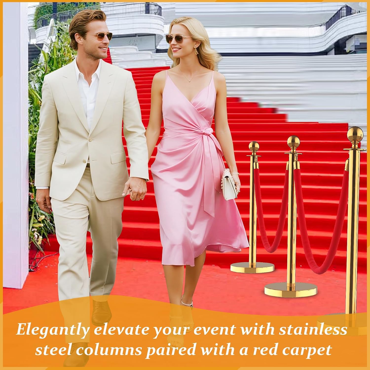 121Pcs Stanchions and Velvet Ropes with 15ft Red Carpet,Complete Crowd Control Barriers Set with 10 Red Velvet Ropes & Stainless Steel Posts for Party, Wedding, Event Supplies,Gold