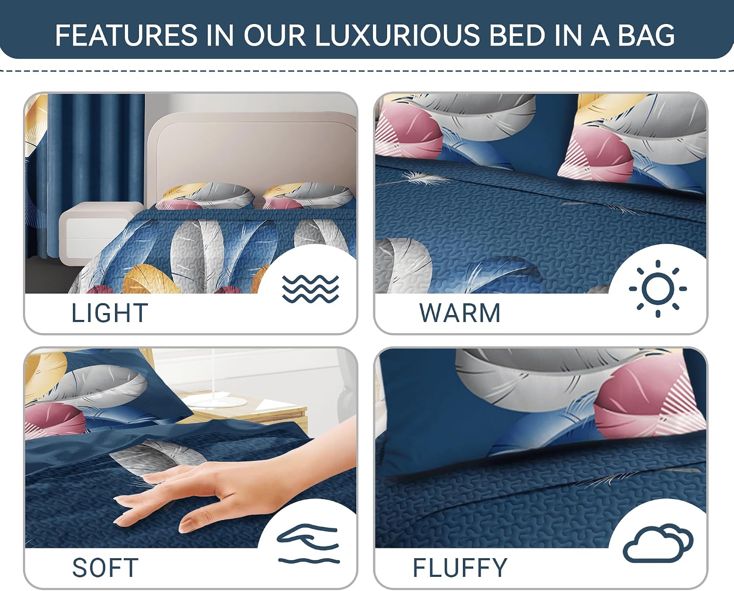 Luxury 9-Piece Blue Feather Queen Light Comforter Set, Bohemian Bed in a Bag Queen Bedspread with Matching Curtains Ultra Soft & Breathable All-Season Decor for Master Suite, Chic Home & Wedding Decor