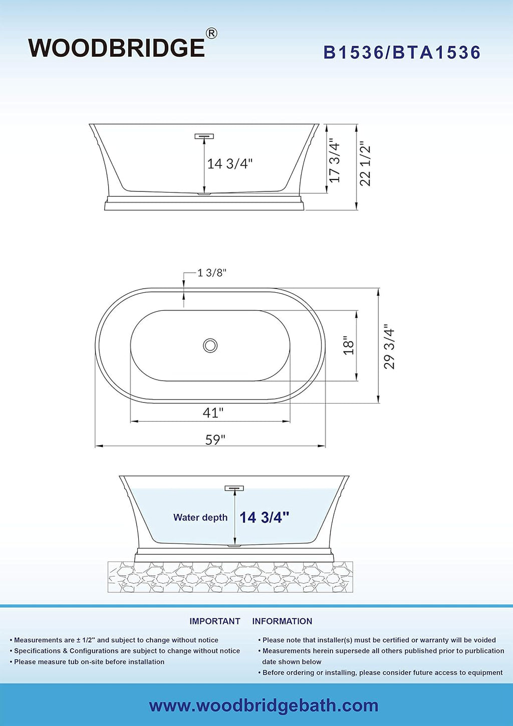 WOODBRIDGE 59'Freestanding White Acylic Soaking Bathtub with White Pillow,Drain and Overflow inORB,BTA1536 -ORB-Drain &O+ Pillow