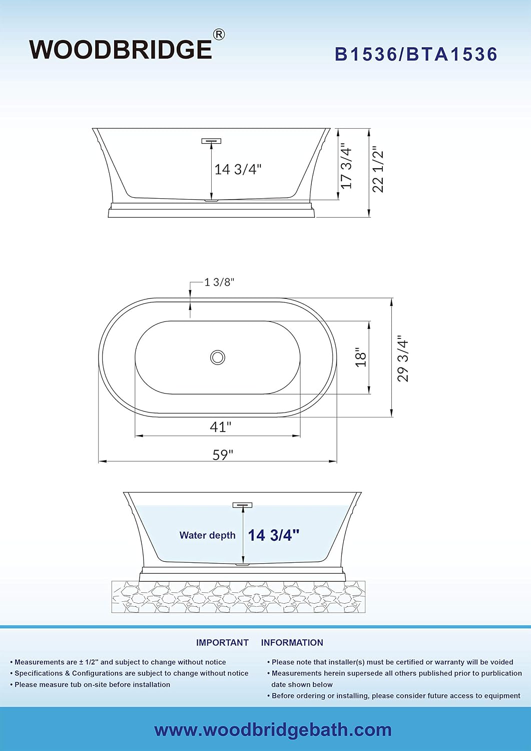 WOODBRIDGE 59'Freestanding White Acylic Soaking Bathtub with White Pillow,Drain and Overflow inChrome,BTA1536 -C-Drain &O+ Pillow