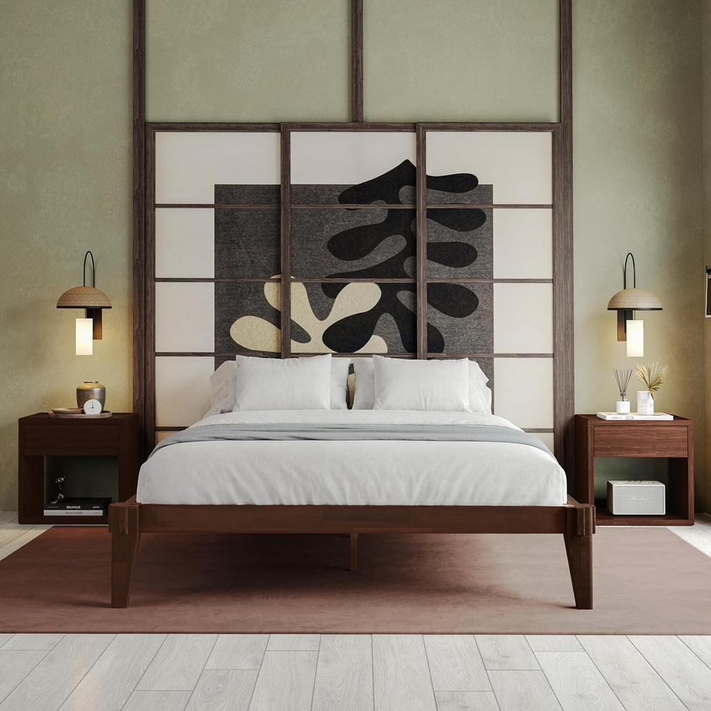 Bme Chalipa 14' Queen Bed Frame - Solid Wood Platform Bed - Japanese Joinery Bed Frame - Wood Slat Support - No Box Spring Needed - Minimalist & Modern Style, Walnut