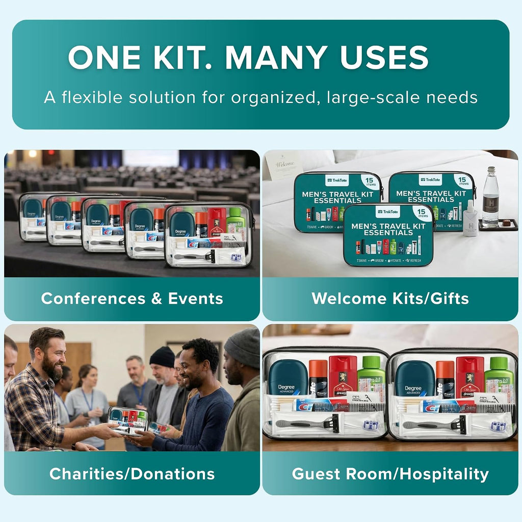 TrekTote Bulk Mens 15 Piece Set Hygiene Kits, Bulk Toiletries Kits Travel Size, Bulk Care Kits for Bulk Cases 25 Case Pack
