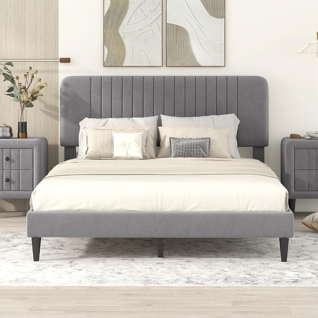 KLMM Modern Queen Size Upholstered Platform Bed, No Box Spring Needed, Velvet Fabric, Suitable for Bedroom Use, Easy to Assemble (Gray#G^)