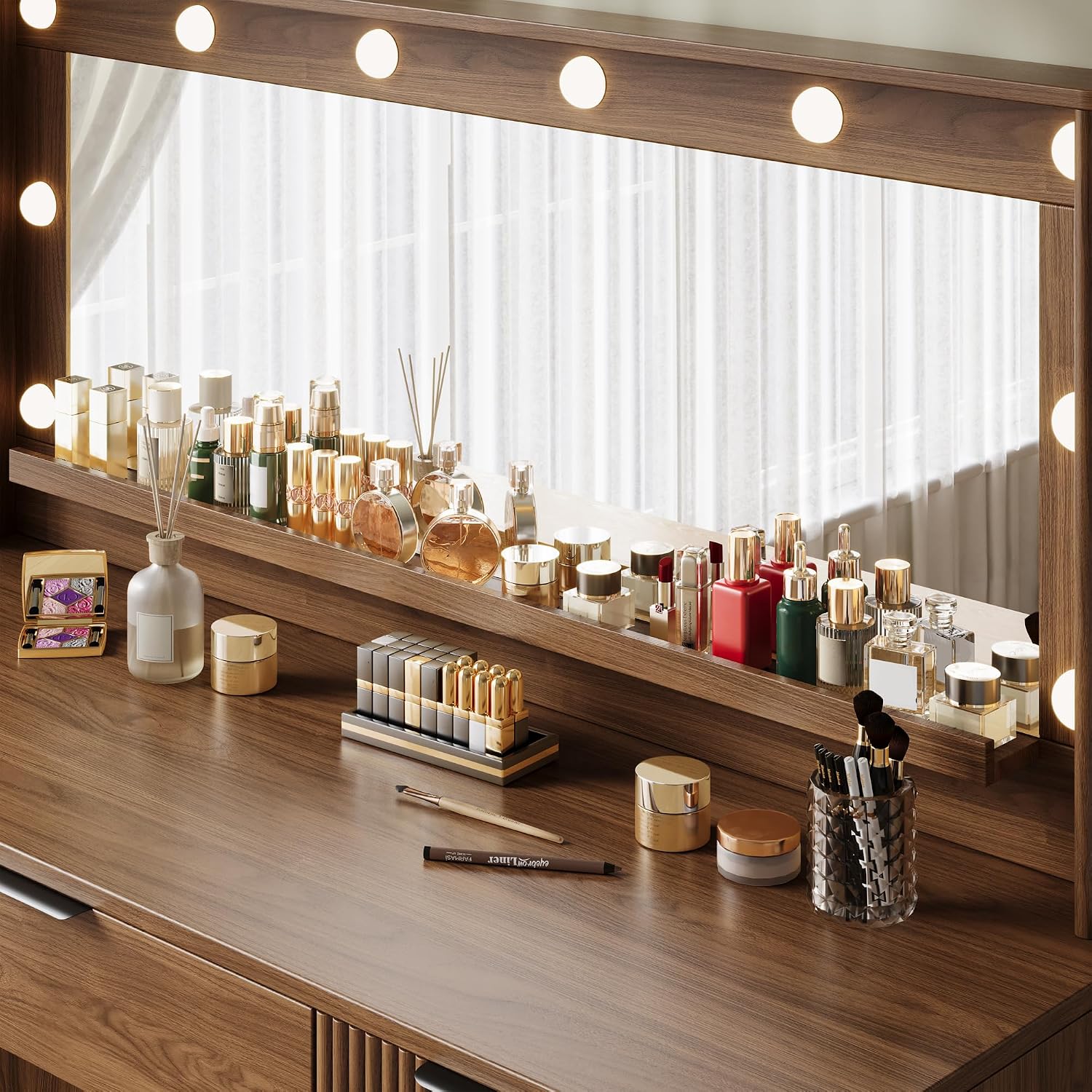 Fluted Makeup Vanity Desk with Large 39.3' Mirror and Lights, 48.8' Wood Vanity, Large Vanity Dressing Table, Modern Wooden Vanity Table for Women and Girls, Bedroom or Dorm (Walnut)