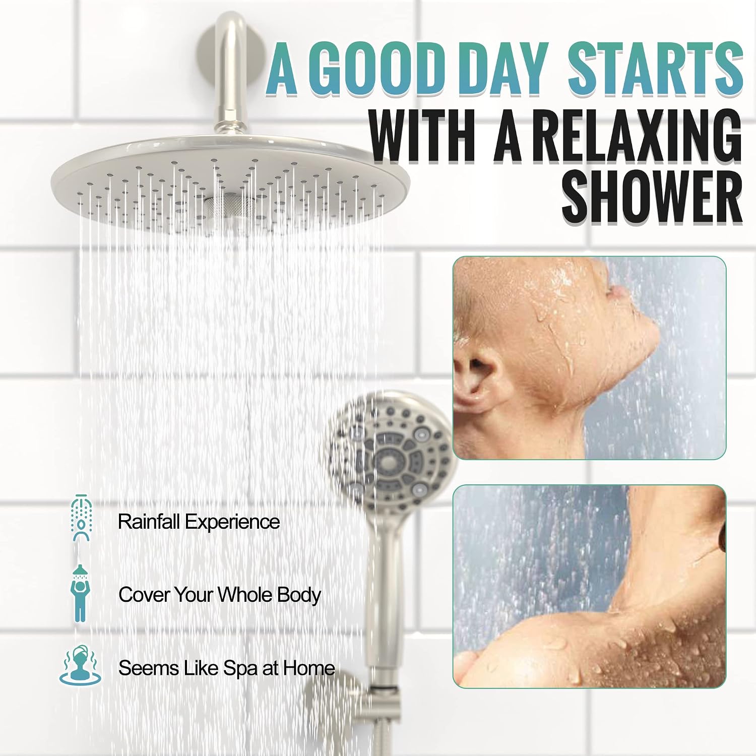 SR SUN RISE 10 Inch Rain Shower System and 3-Function Shower Faucet Set, Wall Mounted Shower System with Rough in Valve and Trims, Brushed Nickel