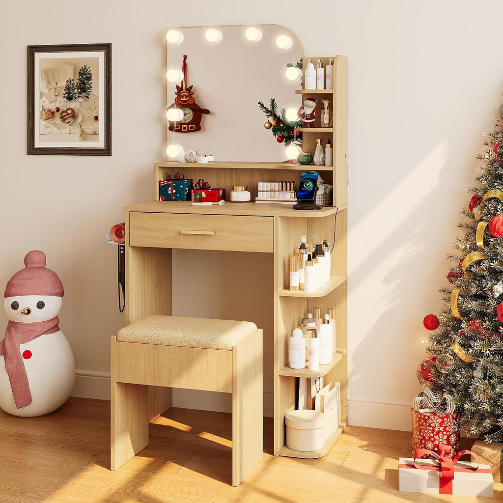 wanan Makeup Vanity with Chair, Small Vanity Desk with Mirror and Lights 3 Colors, Girls Vanity Set with Power Outlet, Compact Vanity Table for Small Space, Oak