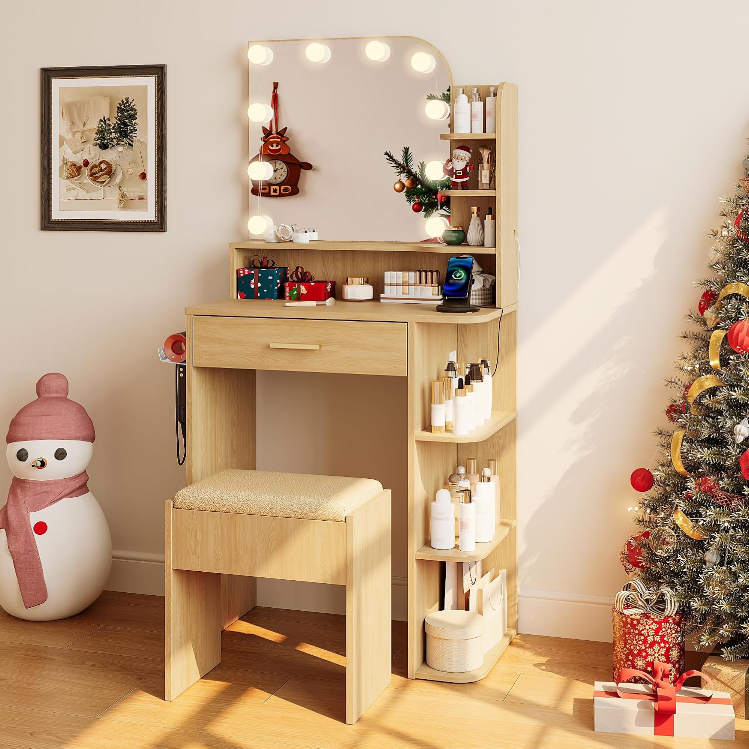 wanan Makeup Vanity with Chair, Small Vanity Desk with Mirror and Lights 3 Colors, Girls Vanity Set with Power Outlet, Compact Vanity Table for Small Space, Oak