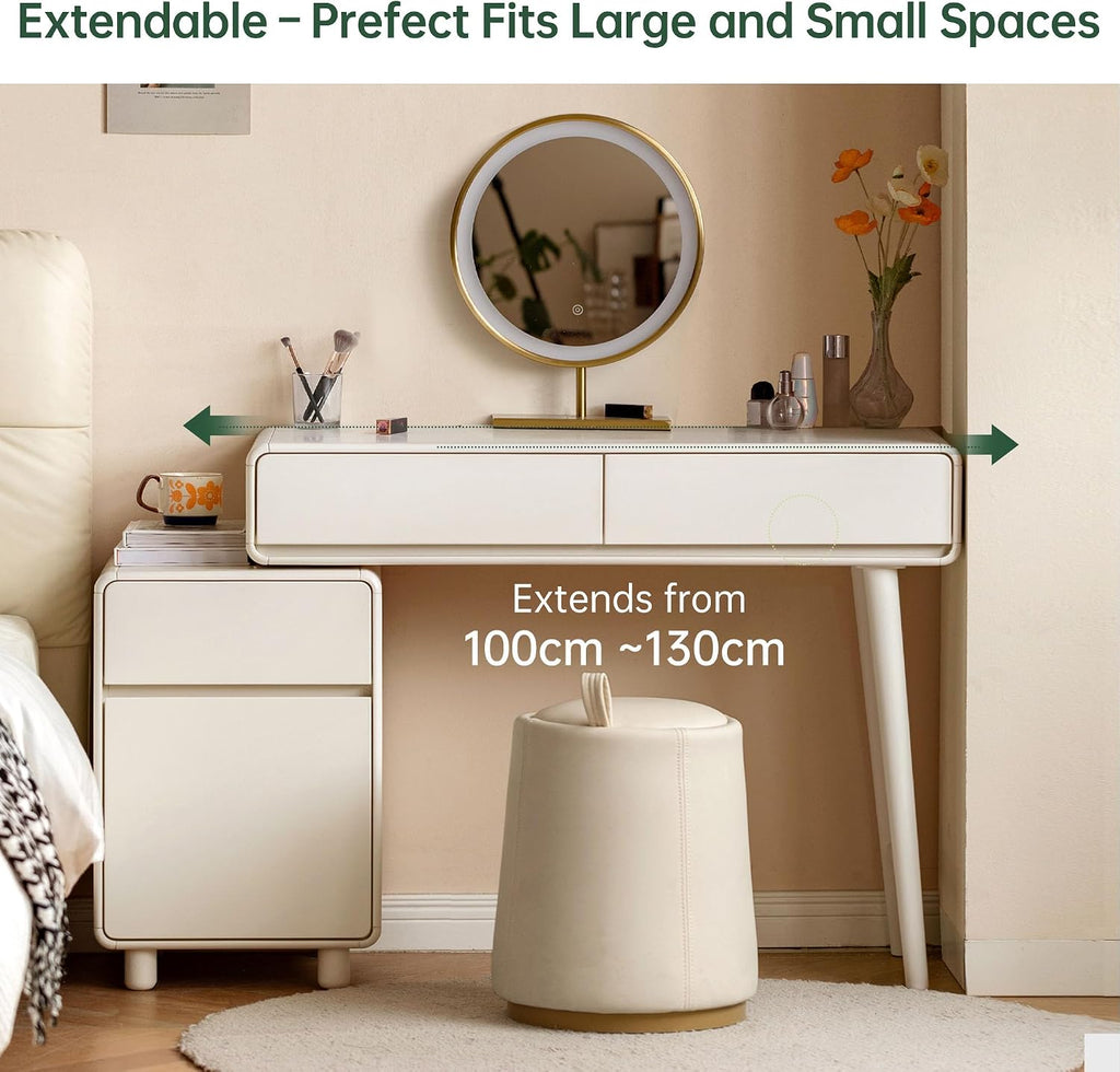 YESWOOD Extendable Makeup Vanity Desk, Solid Rubber Wood Dressing Table with Cabinet, Makeup Desk and Vanity Table for Bedroom, White, No Chair and No Mirror