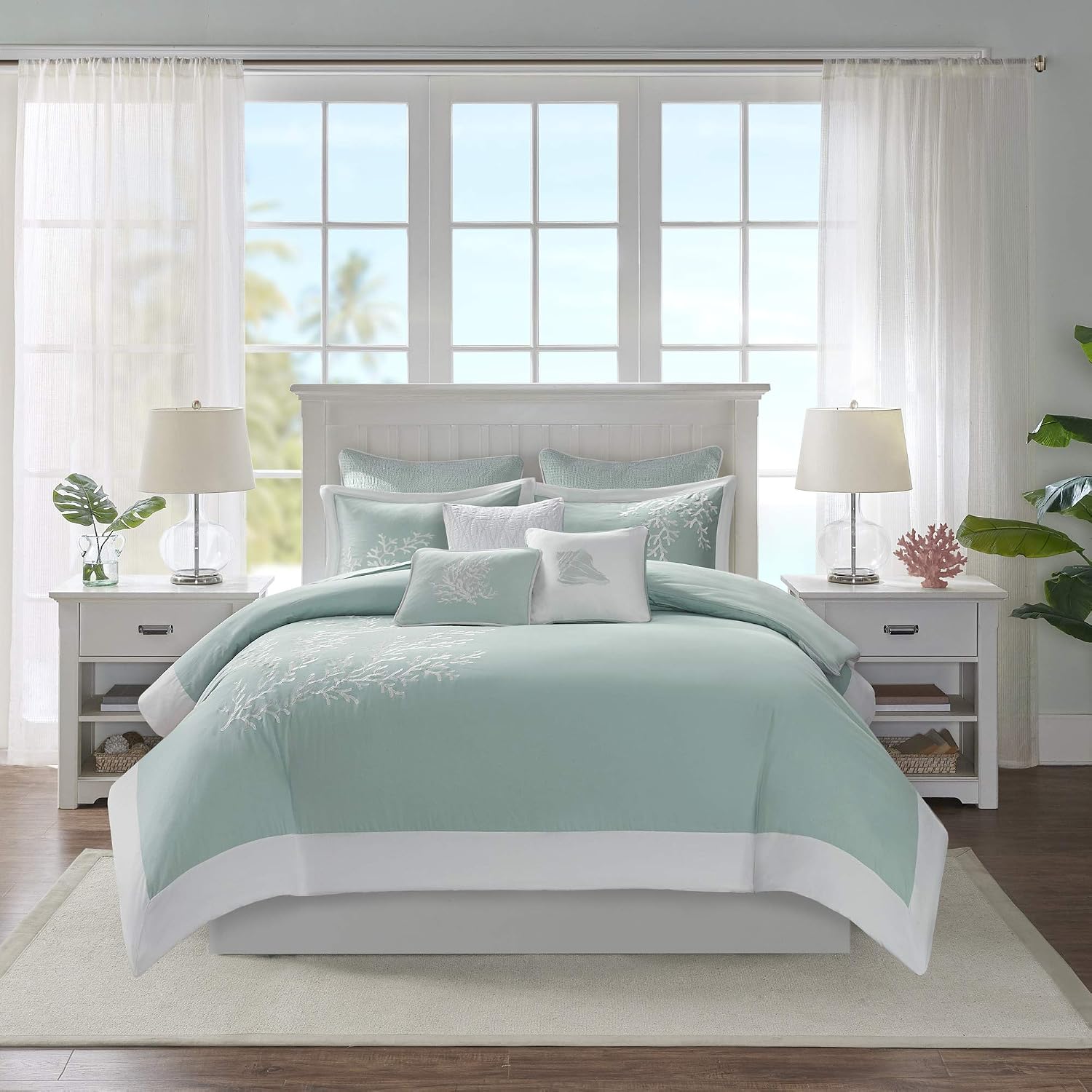 Harbor House 100% Cotton Duvet Cover, Jacquard Coastal Coral Duvet Cover Set – Light Weight Bed Comforter Covers, Coastline Blue Full/Queen (90'x90') 3 Piece