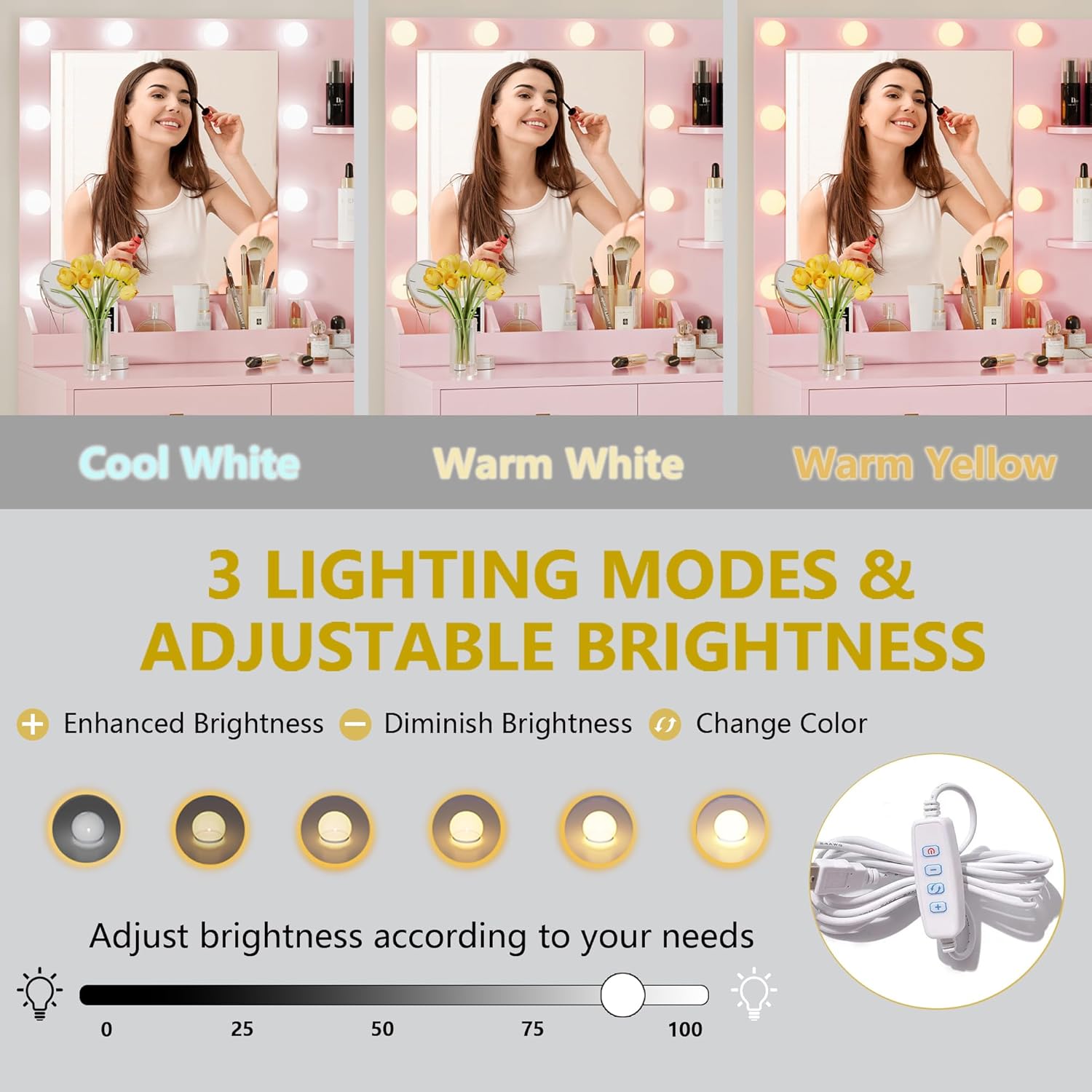 Xixini Vanity Desk with Mirror and Lights, Makeup Vanity Table Set with 5 Storage Drawers, Power Outlet, Small Dressing Table with RGB Ambient Light, Adjustable Brightness for Girls Bedroom, Pink