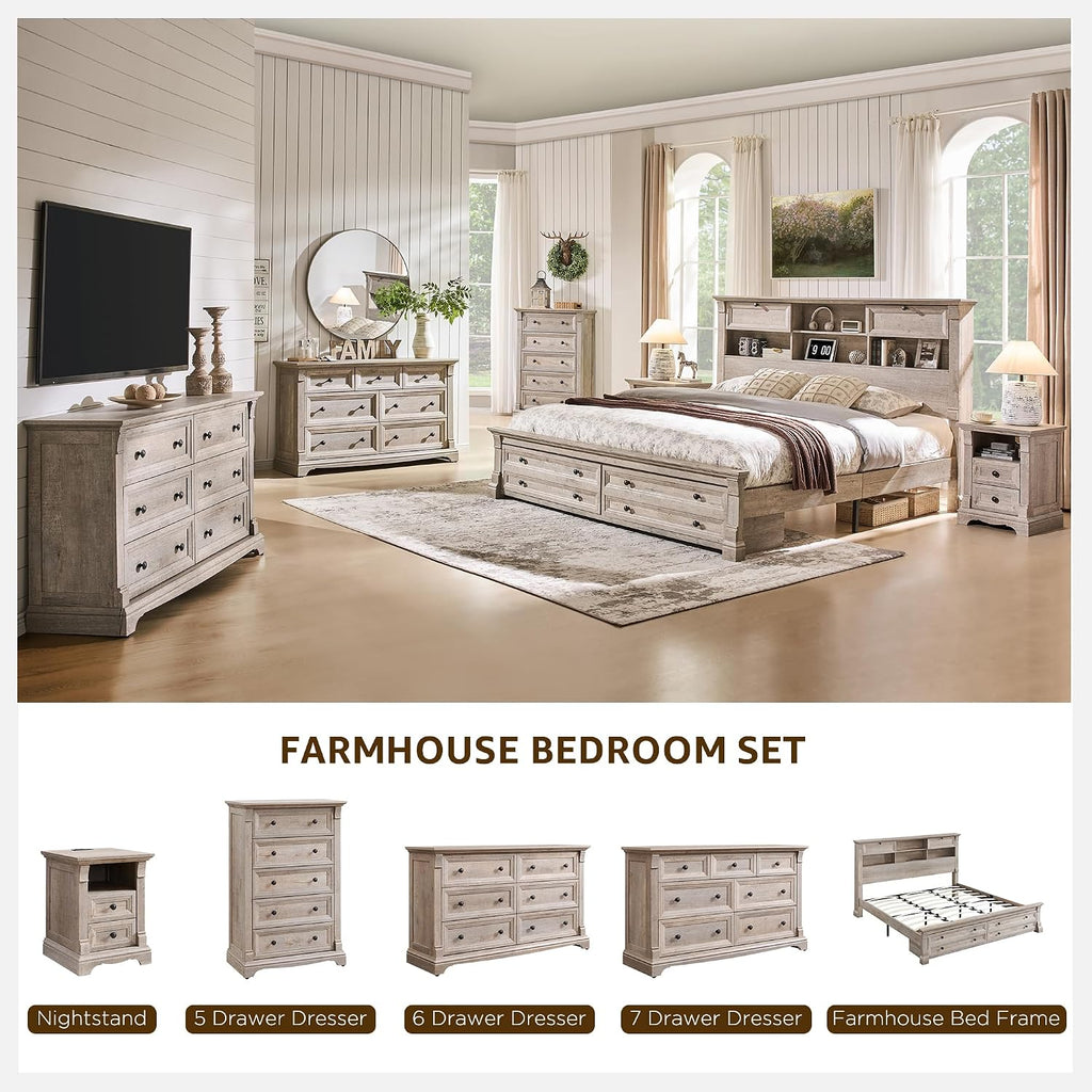 Farmhouse 6 Drawers Dresser for Bedroom, 54' Wide Large Dressers & Chests of Drawers w/Roman Column, Wooden Dresser TV Stand with Large Drawers for Nursery Bedroom Living Room Hallway,Light Rustic Oak
