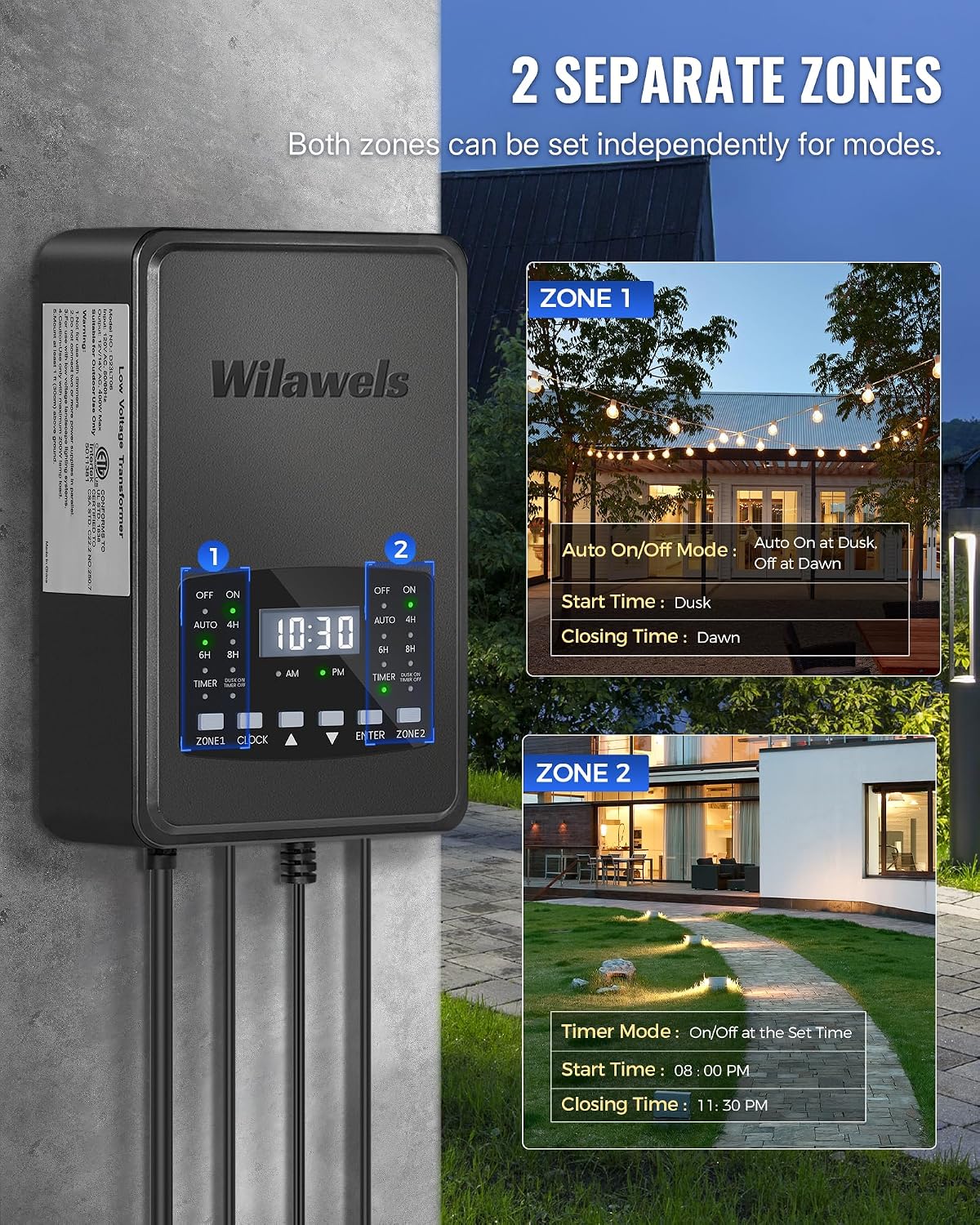400W Low Voltage Landscape Transformer, 2 Zone Independent Control Landscape Lighting Transformer, 120VAC to 12/14V AC Low Voltage Transformer with Timer & Photocell Sensor ETL Listed D23LT06