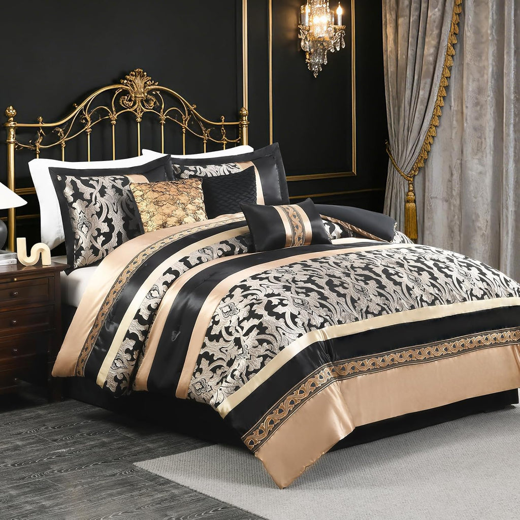 SahSahCasa 7-Piece Luxury King Comforter Set, Bed in a Bag King, Black and Gold Fluffy Jacquard Silky Comforter Bedding Set with Bed Skirt, Decorative Pillows, Elegant Reversible, Down-Alternative