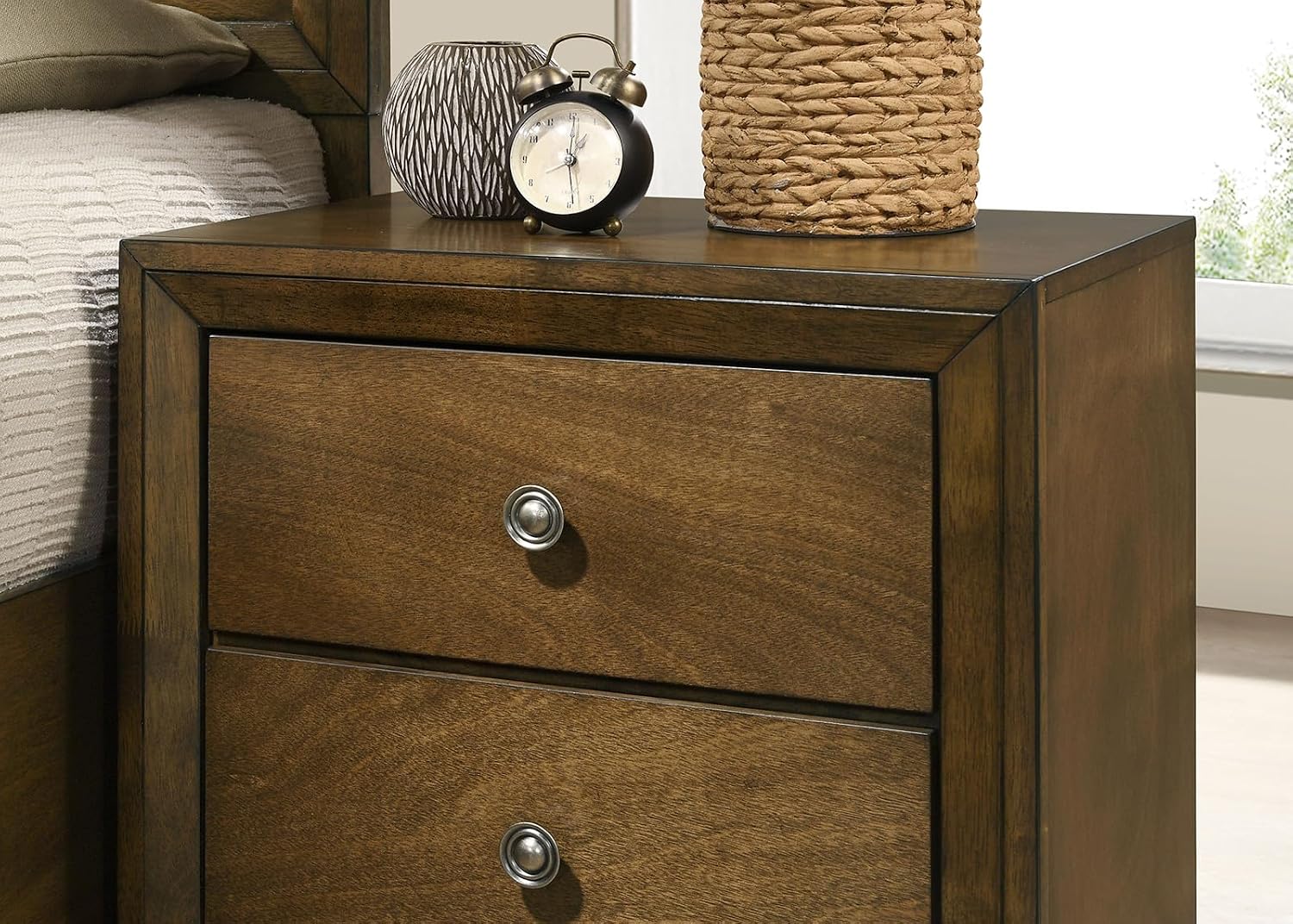 MASARA 3-Piece Transitional Bedroom Set, Walnut Rubberwood with Okume Veneer, Multiple, King/Queen/Full/Twin Bed with 2 Nightstands, Bronze Metal Knobs (Full)