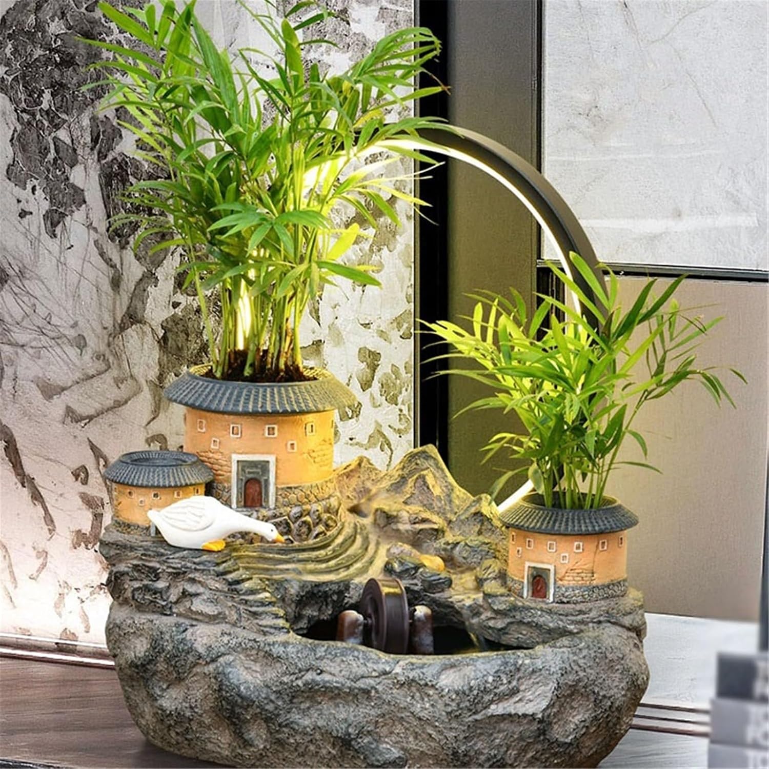 Tabletop Water Fountain Tabletop Fountain Rockery and Water Fountain Earthen Building Ornaments for Home Decor Office Relaxation Meditation Fountain