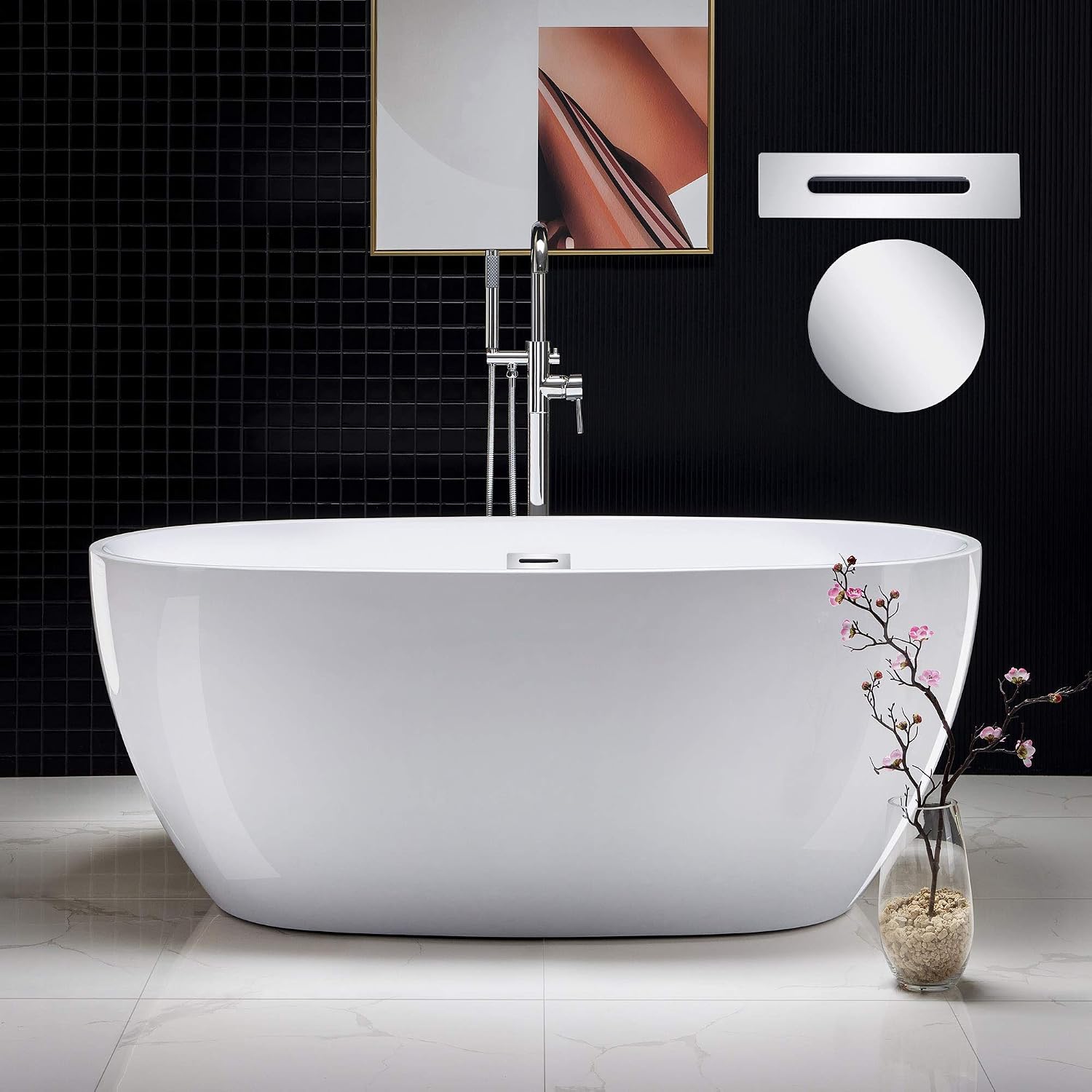 WOODBRIDGE 59' Freestanding White Acylic Soaking Bathtub with Chrome Drain and Overflow,BTA1518 -C-Drain &O