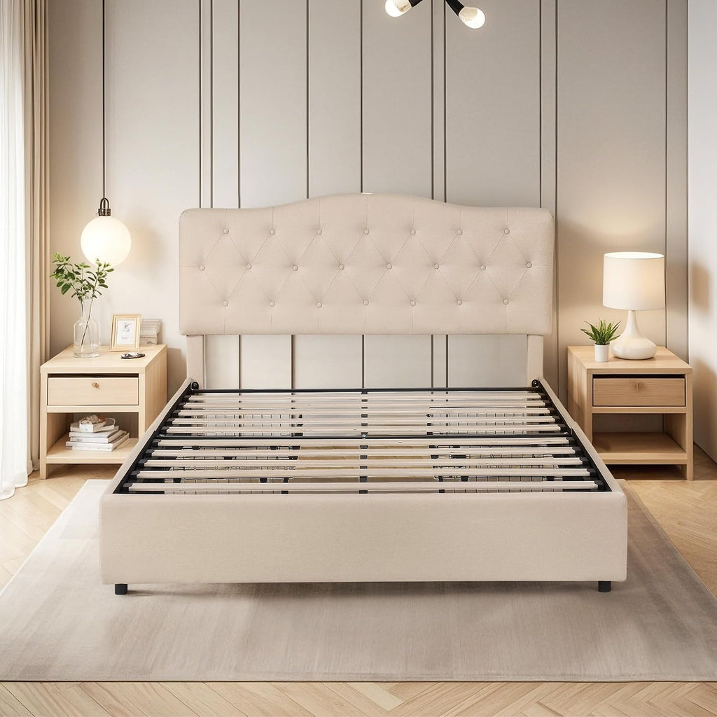 VECELO Queen Size Platform Bed Frame with 4 Storage Drawers,Fabric Upholstered Headboard and Wooden Slats Support,Built-in USB and Type C Ports, No Box Spring Needed,Easy Assembly