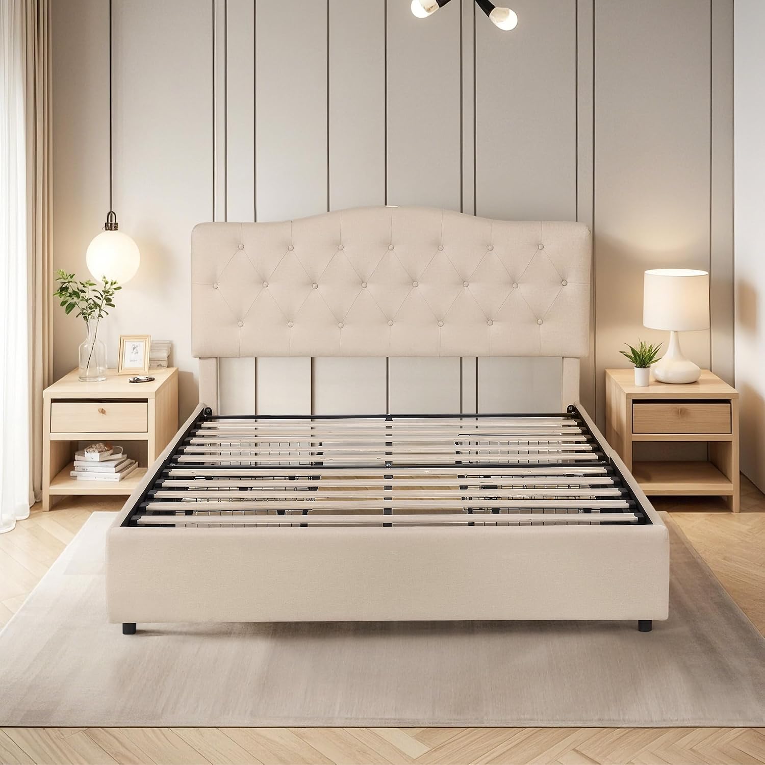 VECELO Queen Size Platform Bed Frame with 4 Storage Drawers,Fabric Upholstered Headboard and Wooden Slats Support,Built-in USB and Type C Ports, No Box Spring Needed,Easy Assembly