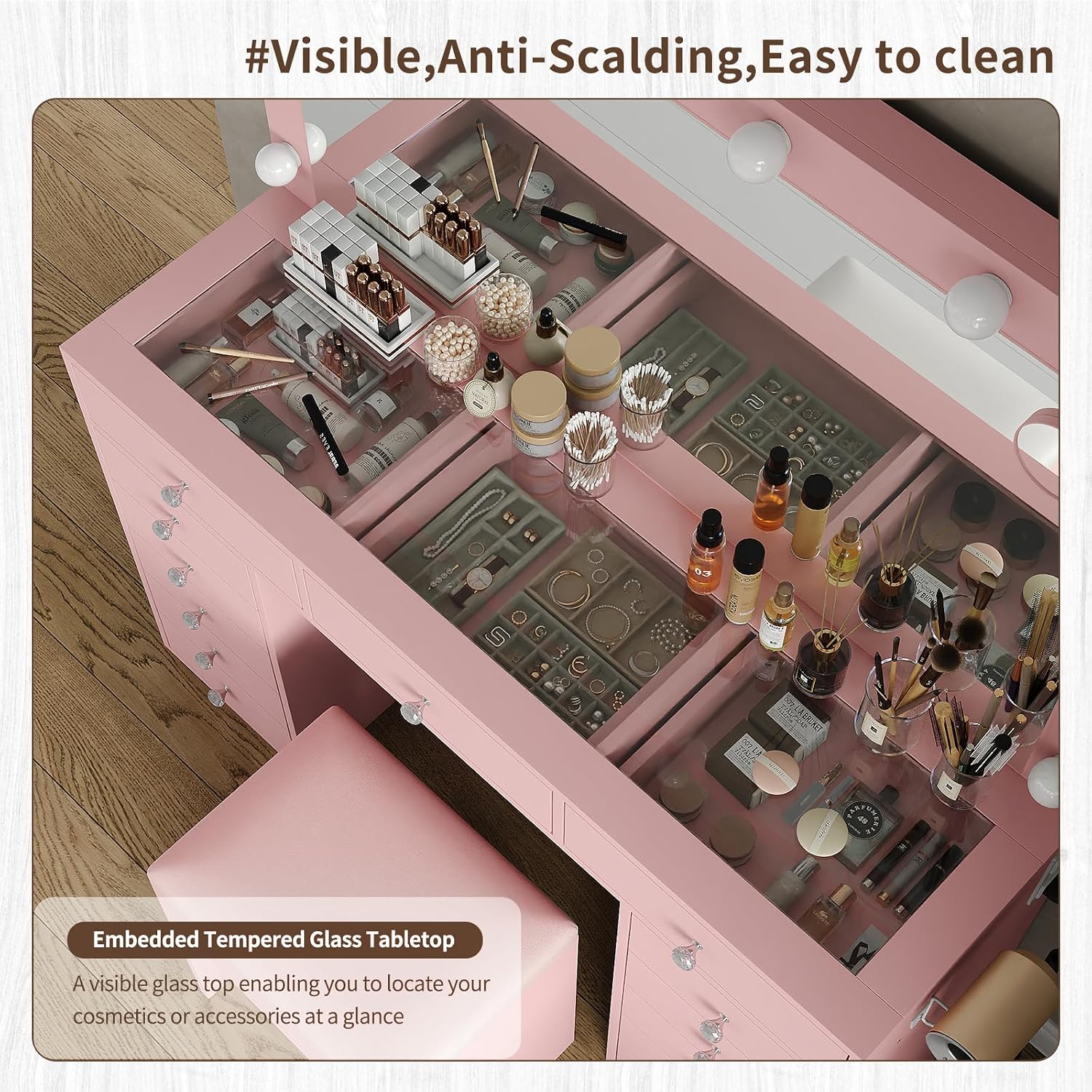 FUSOU 13 Drawers Vanity Desk, 47''W Makeup Vanity with Power Outlet, Vanity Table with Mirror and 12 LED Bulbs, 3 Color Lighting Modes, Glass Top, Dressing Table for Bedroom (Pink)