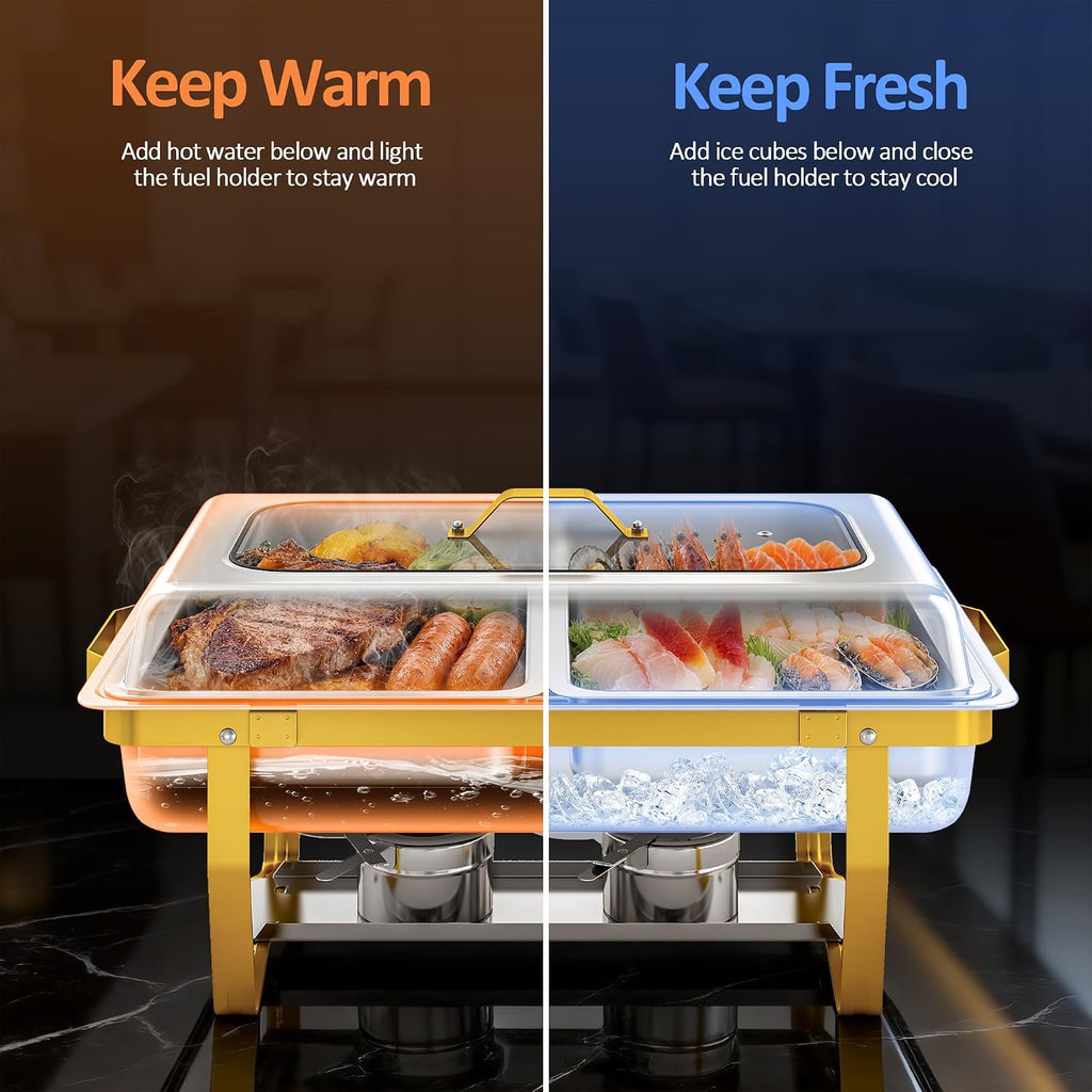 Chafing Dishes for Buffet, 2-Pack Hot Cold Food Warmer with Glass Lid, 9QT Large Capacity Stainless Steel Buffet Servers, Complete Set with Utensils for Catering Party Wedding Outdoor