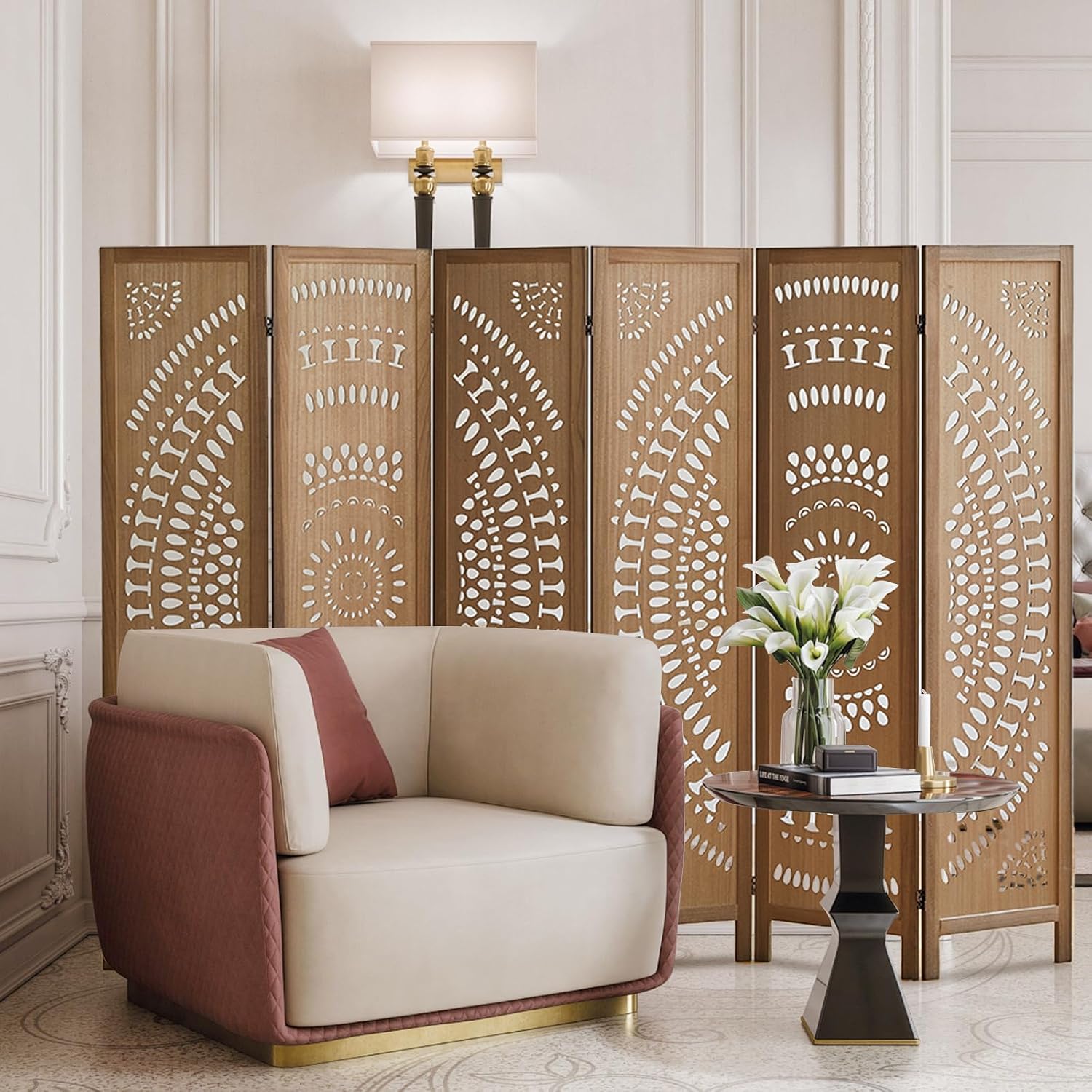 Room Dividers and Folding Privacy Screens, Boho 6 Panel Room Divider, 67' Room Divider Wall, Modern Room Partition, Privacy Dividers for Rooms, Bedroom, Office, Brown