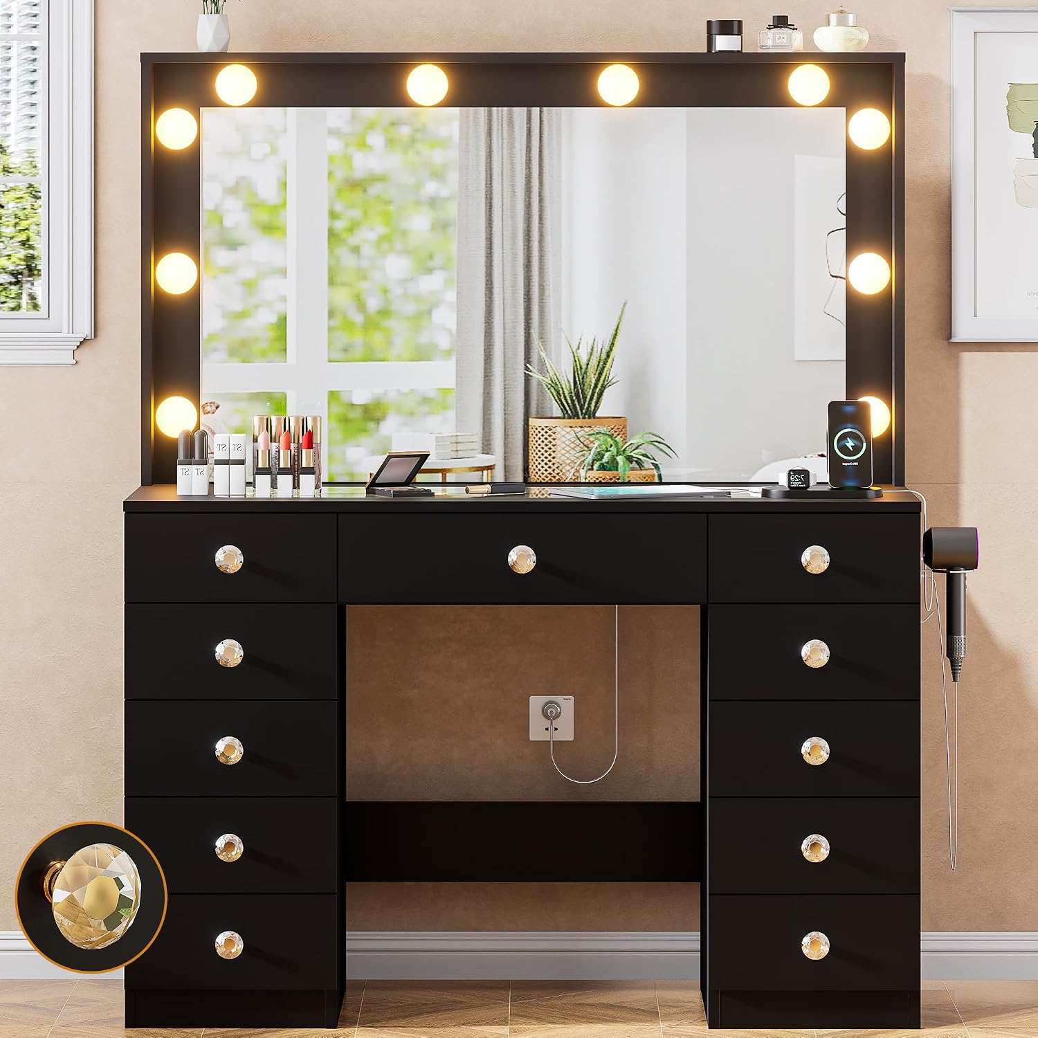 DINGIPP 42.1' Vanity with Large Mirror and 10 LED Lights, Vanity Desk with Glasstop, 11 Drawers with Crystal Handles, Dressing Table with Power Outlet as Gift for Women, Girls (Black)