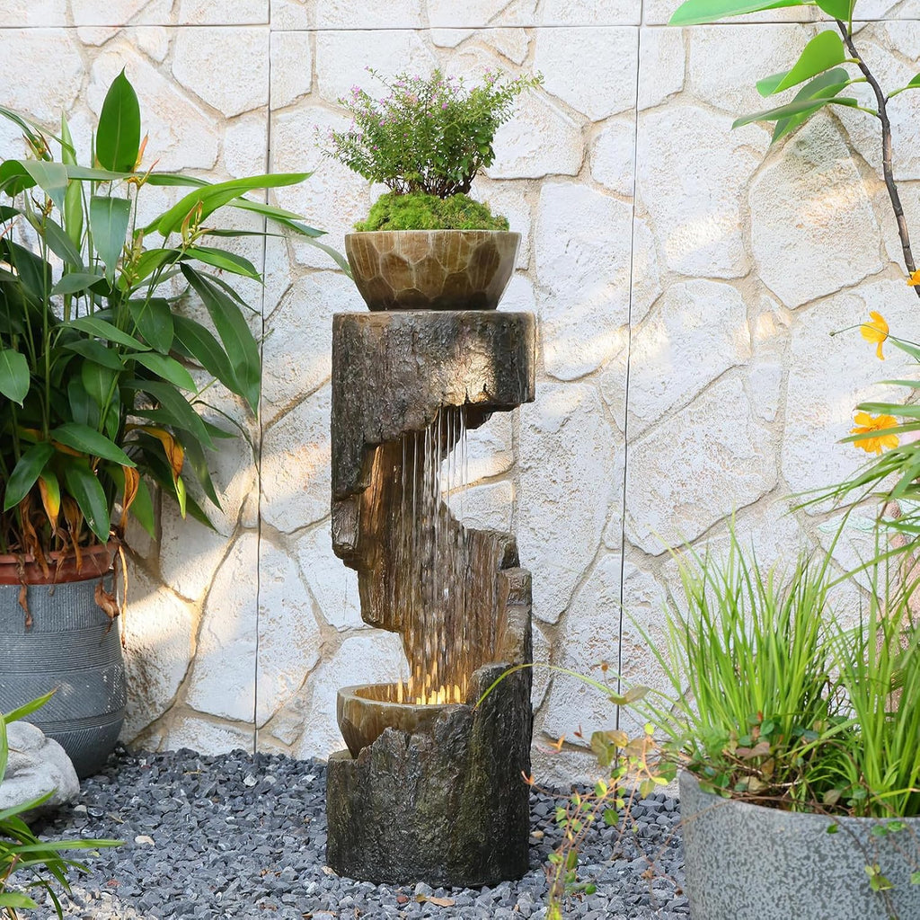 Sunlinua Outdoor Water Fountain with LED Light, Modern Spiral Tiered Outdoor Fountain with Wooden Planter Curved Freestanding Waterfall Fountains for Garden Patio Deck Porch