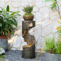 Sunlinua Outdoor Water Fountain with LED Light, Modern Spiral Tiered Outdoor Fountain with Wooden Planter Curved Freestanding Waterfall Fountains for Garden Patio Deck Porch
