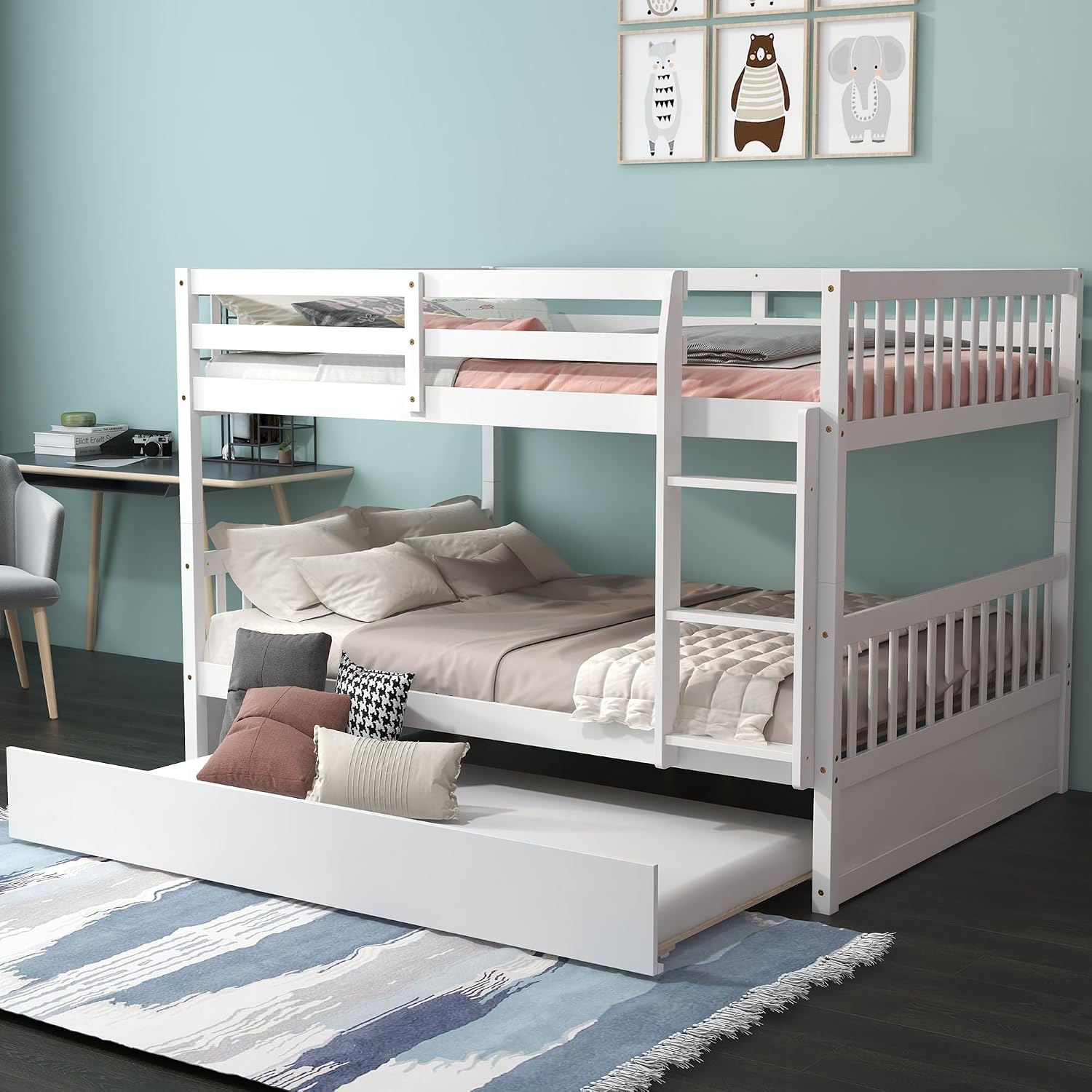 KOMFOTT Wood Full Over Full Bunk Bed with Trundle, Full Bed Frame with Ladder, Solid Wood Frame & Safety Guardrails, Space-Saving Bunk Bed for Teens & Adults, No Box Spring Needed