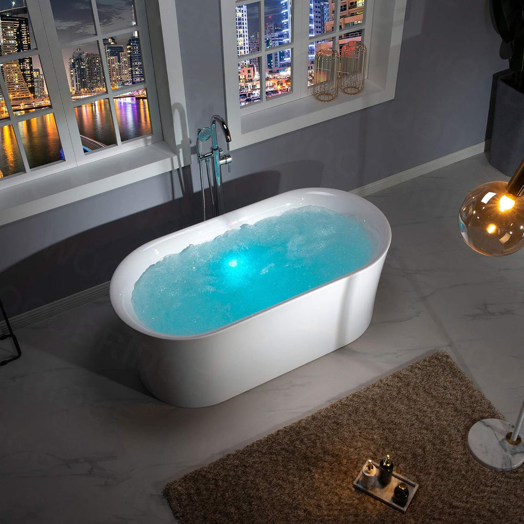 WOODBRIDGE 67' Acrylic Freestanding Bathtub Contemporary Soaking White Tub with Brushed Gold Overflow and Drain，B0101 -BG-Drain &O