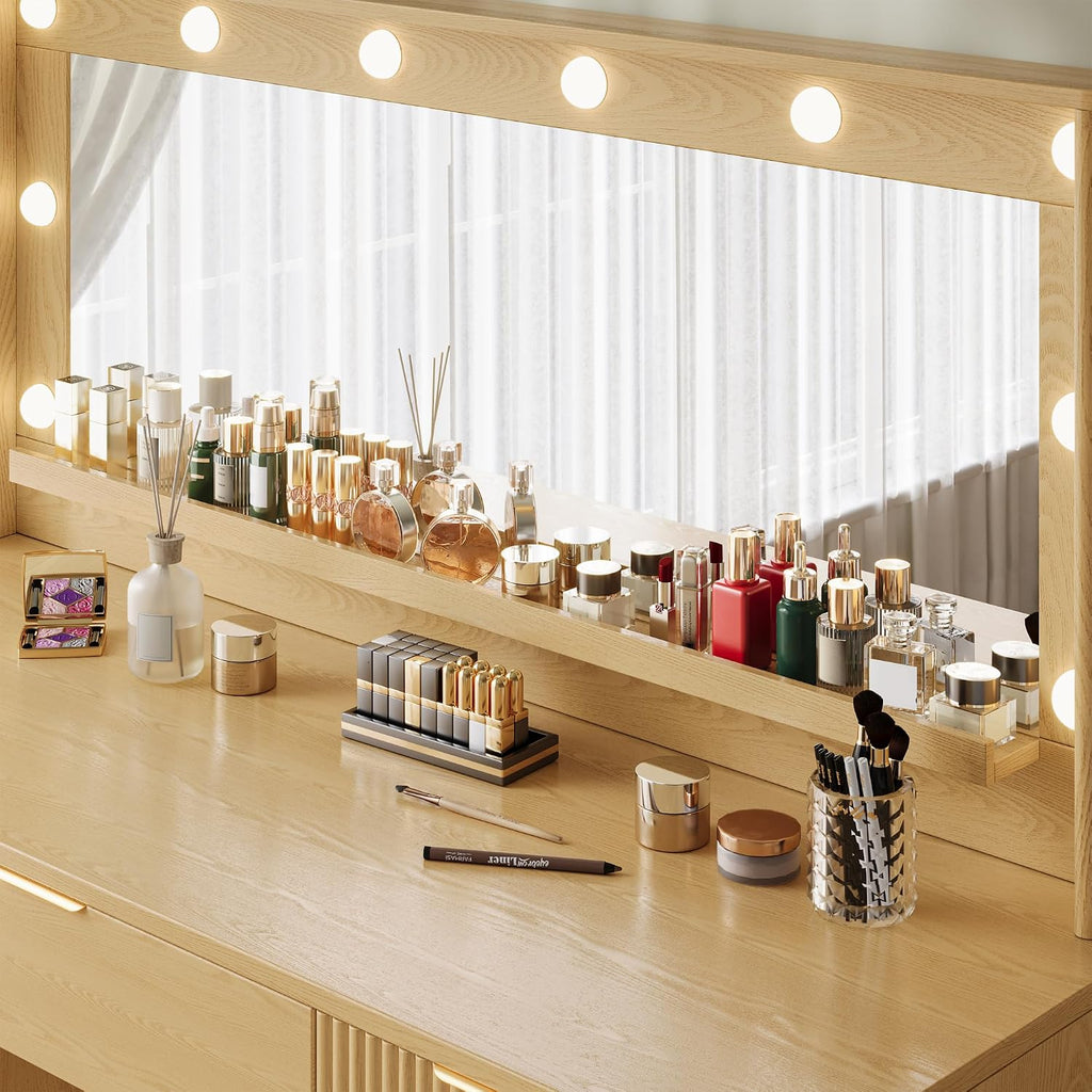 Fluted Makeup Vanity Desk with Large 39.3' Mirror and Lights, 48.8' Wood Vanity, Large Vanity Dressing Table, Modern Wooden Vanity Table for Women and Girls, Bedroom or Dorm (Nature)