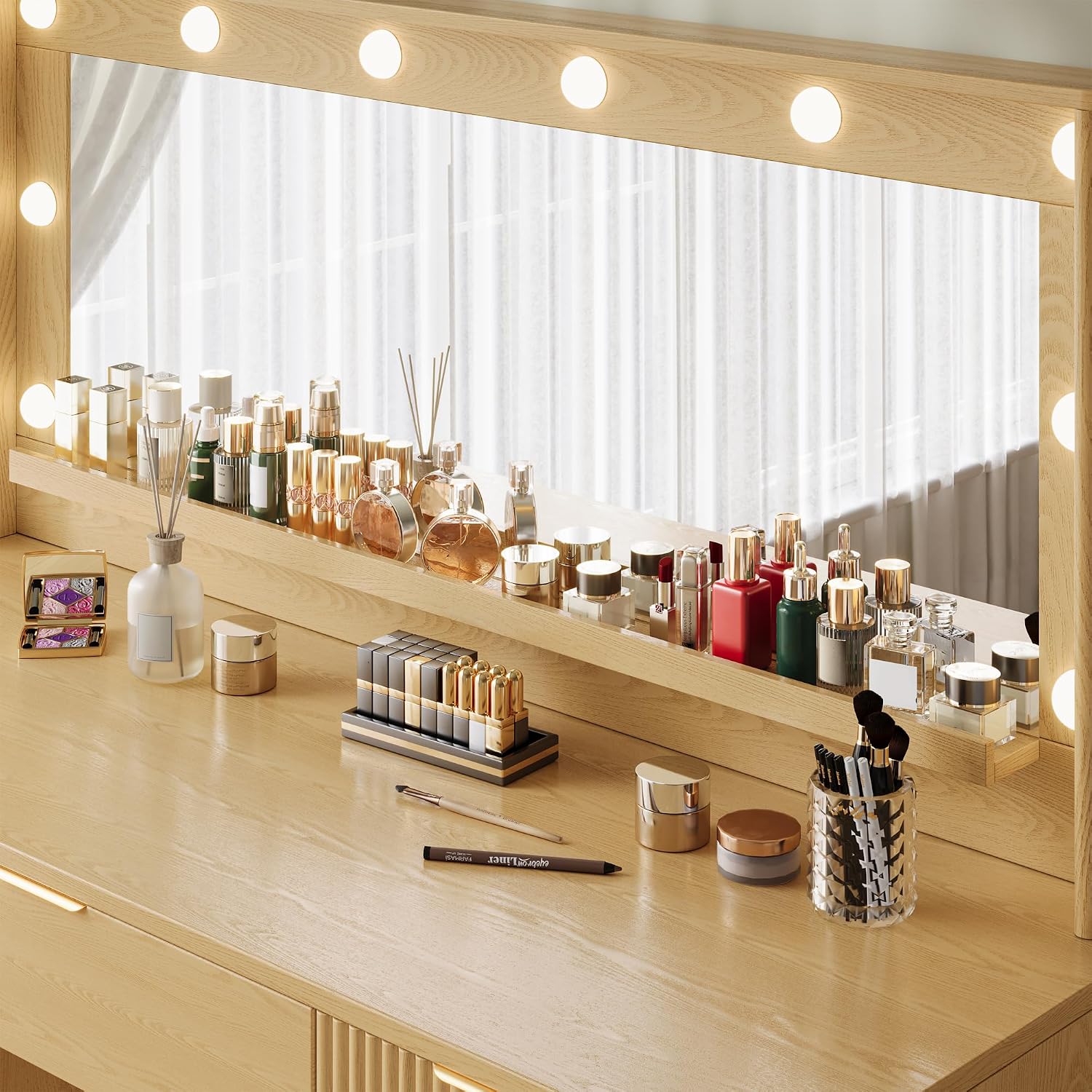 Fluted Makeup Vanity Desk with Large 39.3' Mirror and Lights, 48.8' Wood Vanity, Large Vanity Dressing Table, Modern Wooden Vanity Table for Women and Girls, Bedroom or Dorm (Nature)