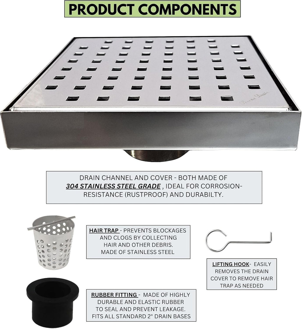 Serene Square Shower Drains - Traditional Square Design 6 Inch- stainless steel Luxurious line by Serene Steam include Rubber fitting (Polished Chrome)
