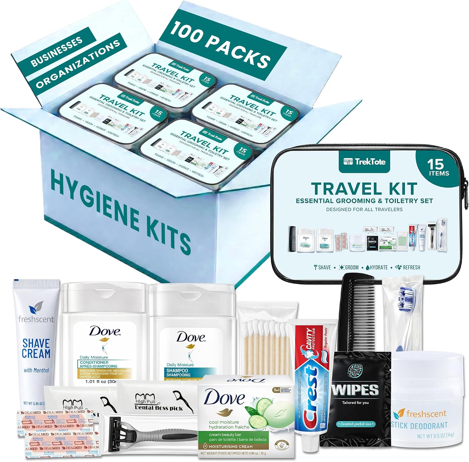 Complete 15 Piece Unisex Travel Hygiene Kit with Toiletries & Personal Care Essentials, TSA-Compliant, Individually Packaged in Clear Bag, Single or Bulk Packs (100 Pack)