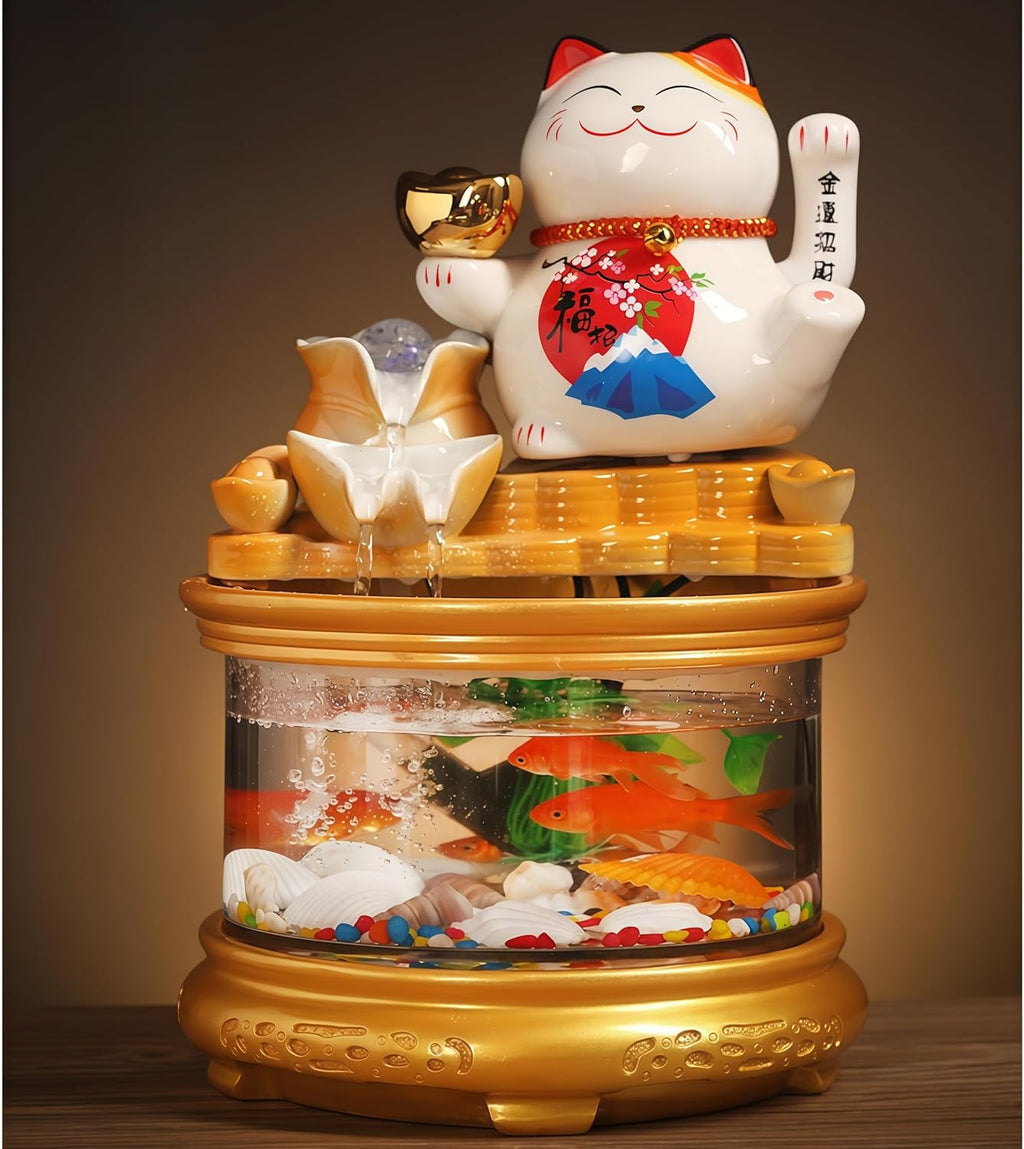 Tabletop Water Fountain Indoor with Maneki Neko, Money Lucky Cat, Fish Tank Decorations for Feng Shui Decor & Gifts for Home, Feng Shui Statue, Chinese New Year Decoration, Chinese Decor & Gifts (A)