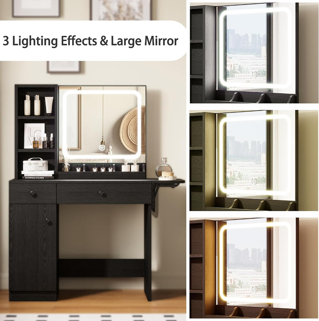 IRONCK Vanity Desk with LED Lighted Mirror & Power Outlet, Makeup Table with Drawers & Cabinet,Storage Stool,for Bedroom, Black