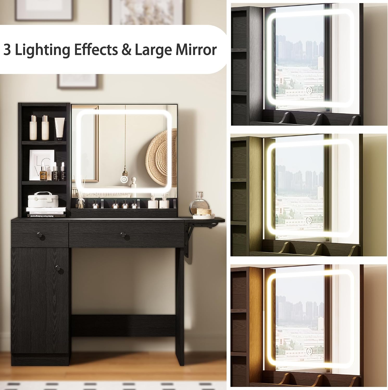 IRONCK Vanity Desk with LED Lighted Mirror & Power Outlet, Makeup Table with Drawers & Cabinet,Storage Stool,for Bedroom, Black