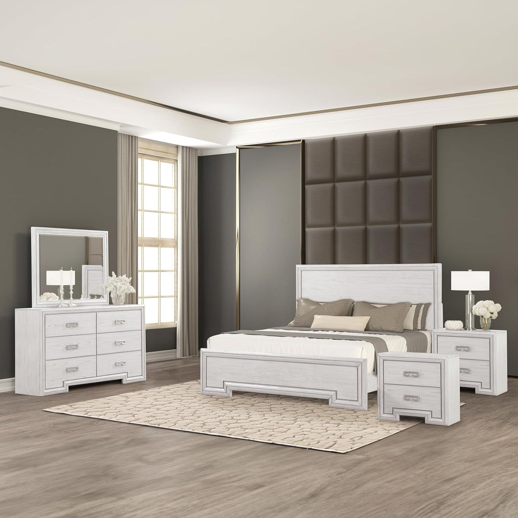 Furniture of America Babsi Modern Wood 5-Piece Bedroom Set with Greek Key Pull, USB Chargers on Nightstand, Felt-Lined Top & Cedarwood-Lined Bottom Drawers, Box Spring Needed, Queen, Rustic White