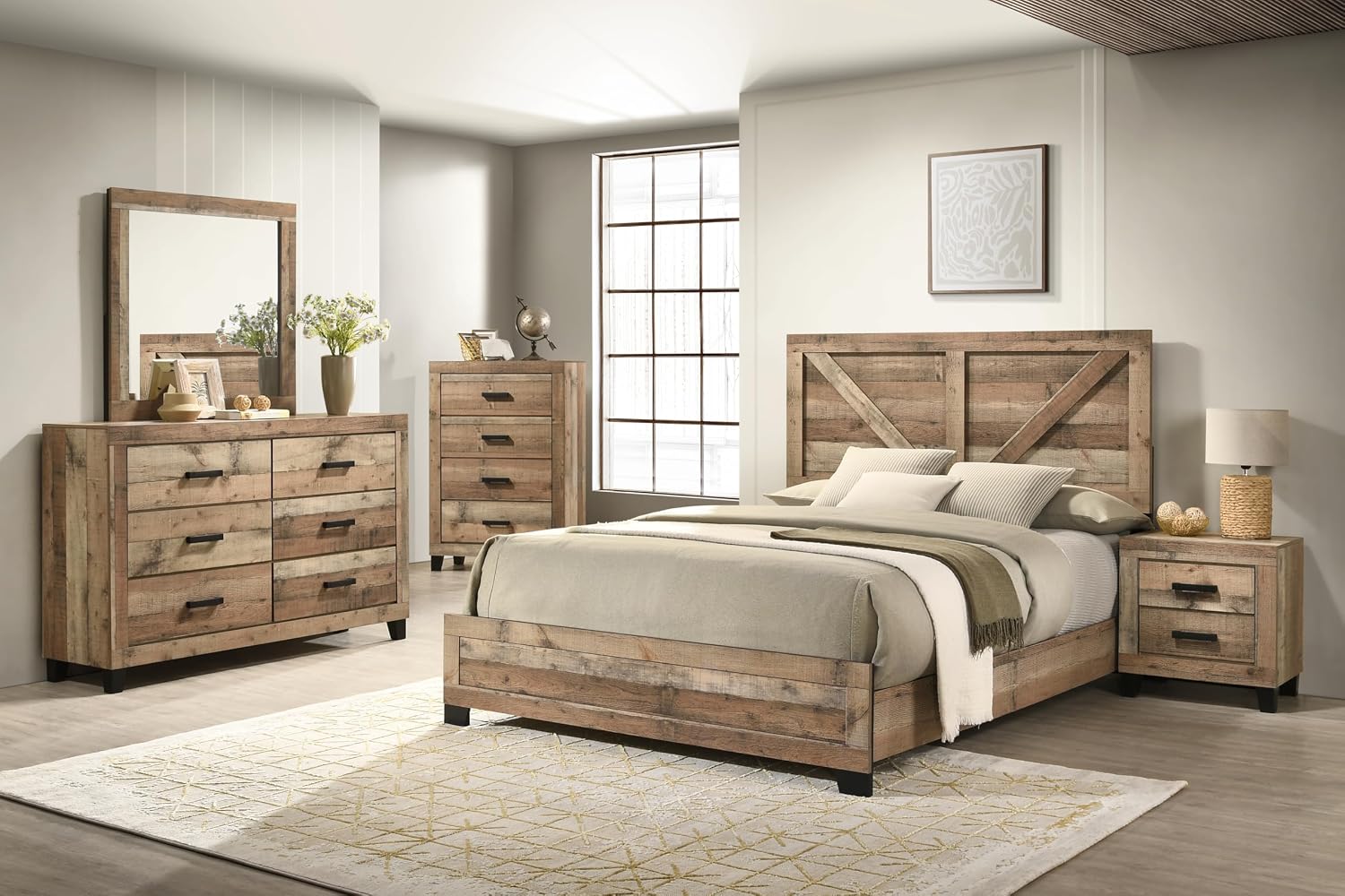 Kings Brand Furniture Biloxi Farmhouse Classic 5-Piece Bedroom Set - Bed Frame with Headboard, Dresser and Mirror, Chest and Nightstand (Queen)