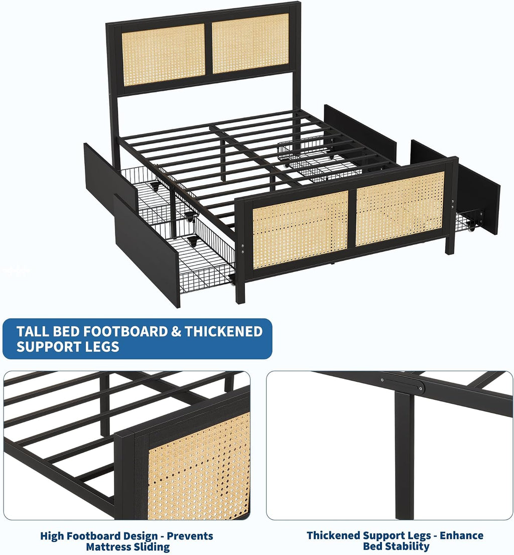 GarveeHome Black Rattan Bed Frame with Headboard, Boho Cane Platform Queen Bed Frame with 4 Drawers, Strong Metal Slats Support, Noise Free, No Box Spring Needed