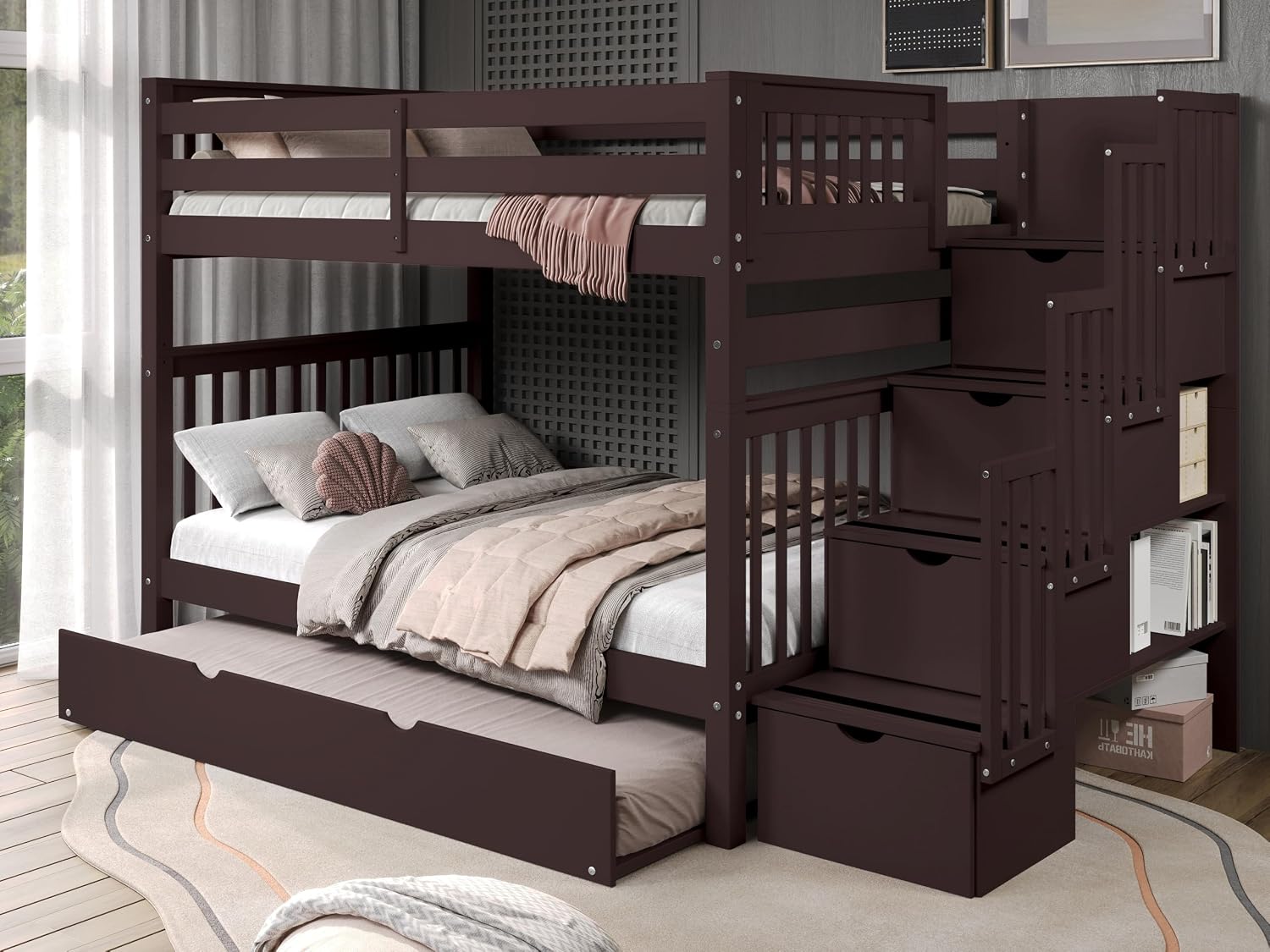 Bedz King Stairway Bunk Beds Full Over Full with 4 Drawers in the Steps and a Full Trundle, Dark Cherry
