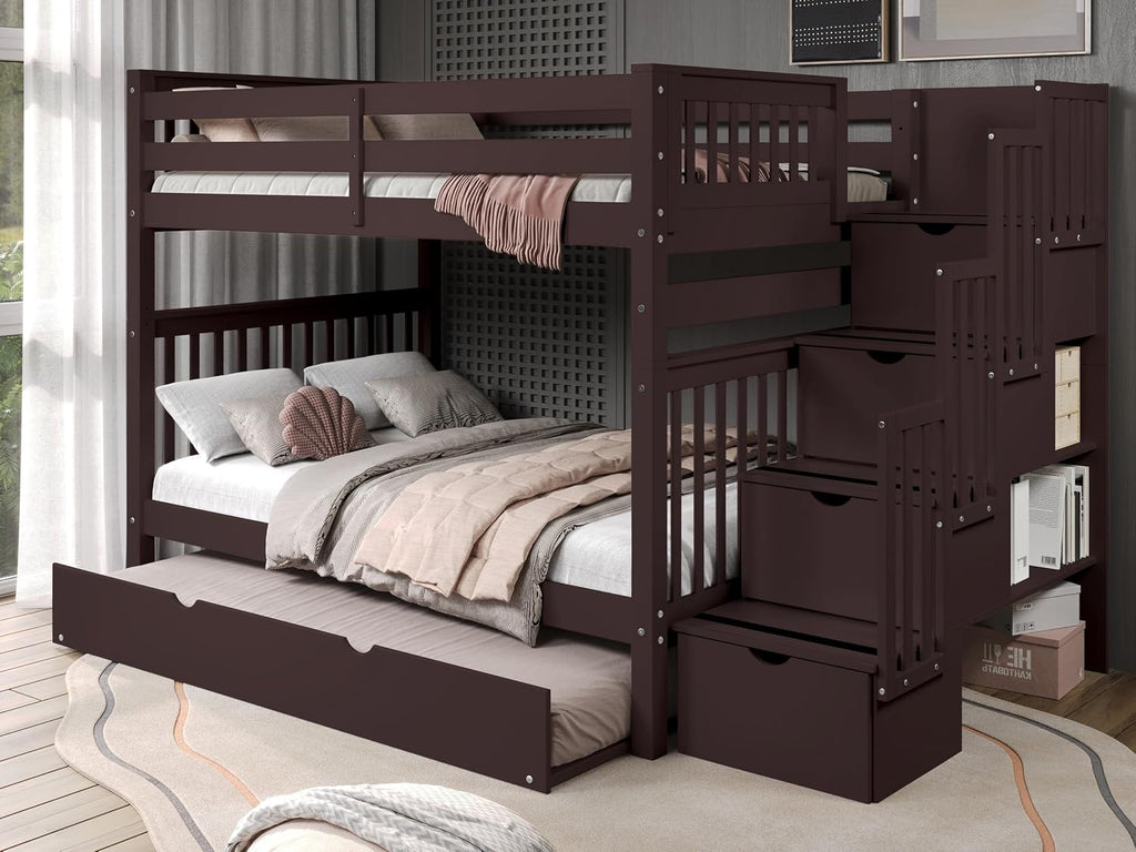 Bedz King Stairway Bunk Beds Full Over Full, 4 Step Drawers, Twin Trundle, Dark Cherry