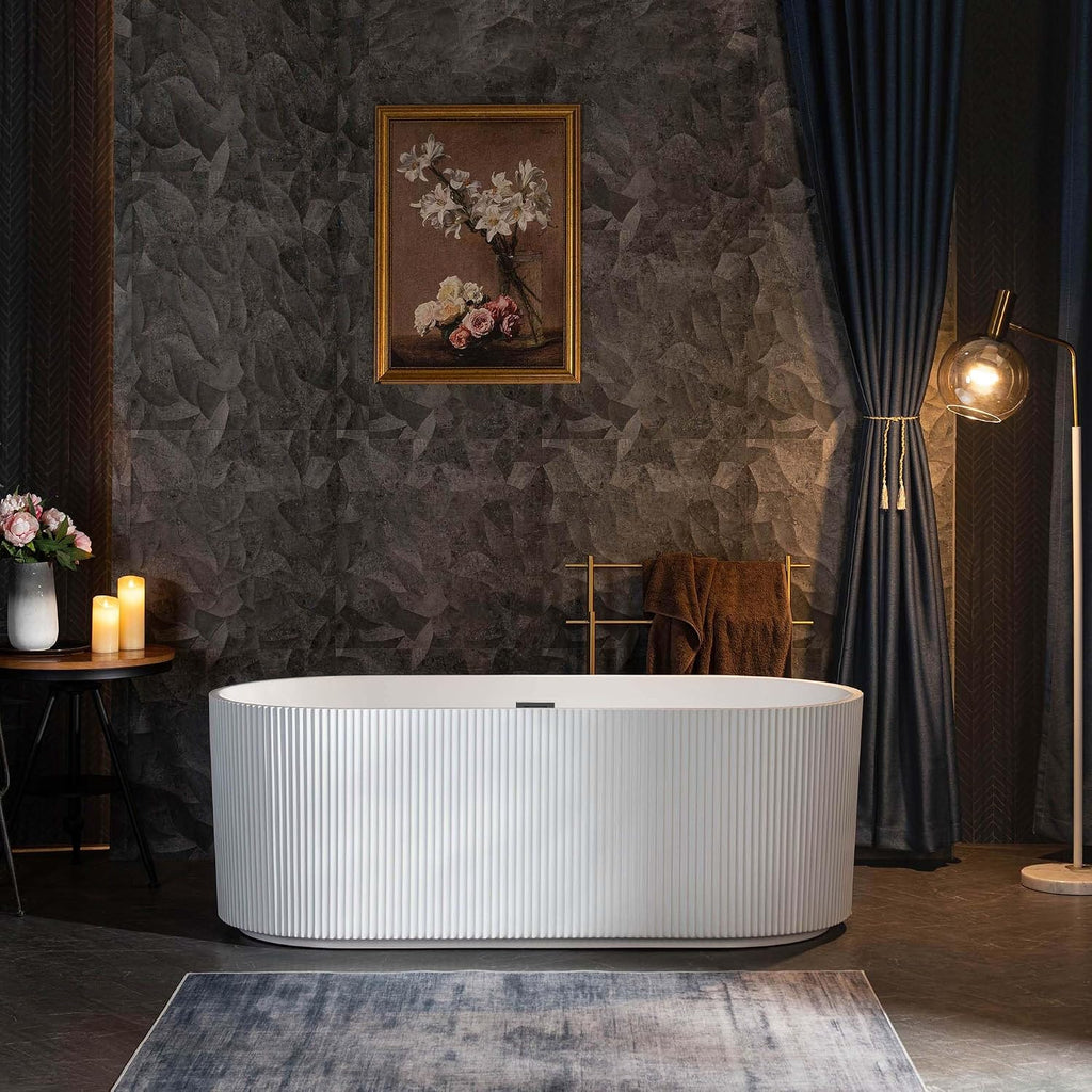 WOODBRIDGE 67' L x 31-1/2' W Freestanding Contemporary Soaking Bathtub with Matte Black Pop-Up Drain Drain and Overflow Option, White, BTA1526/B0026+MB-Drain &O